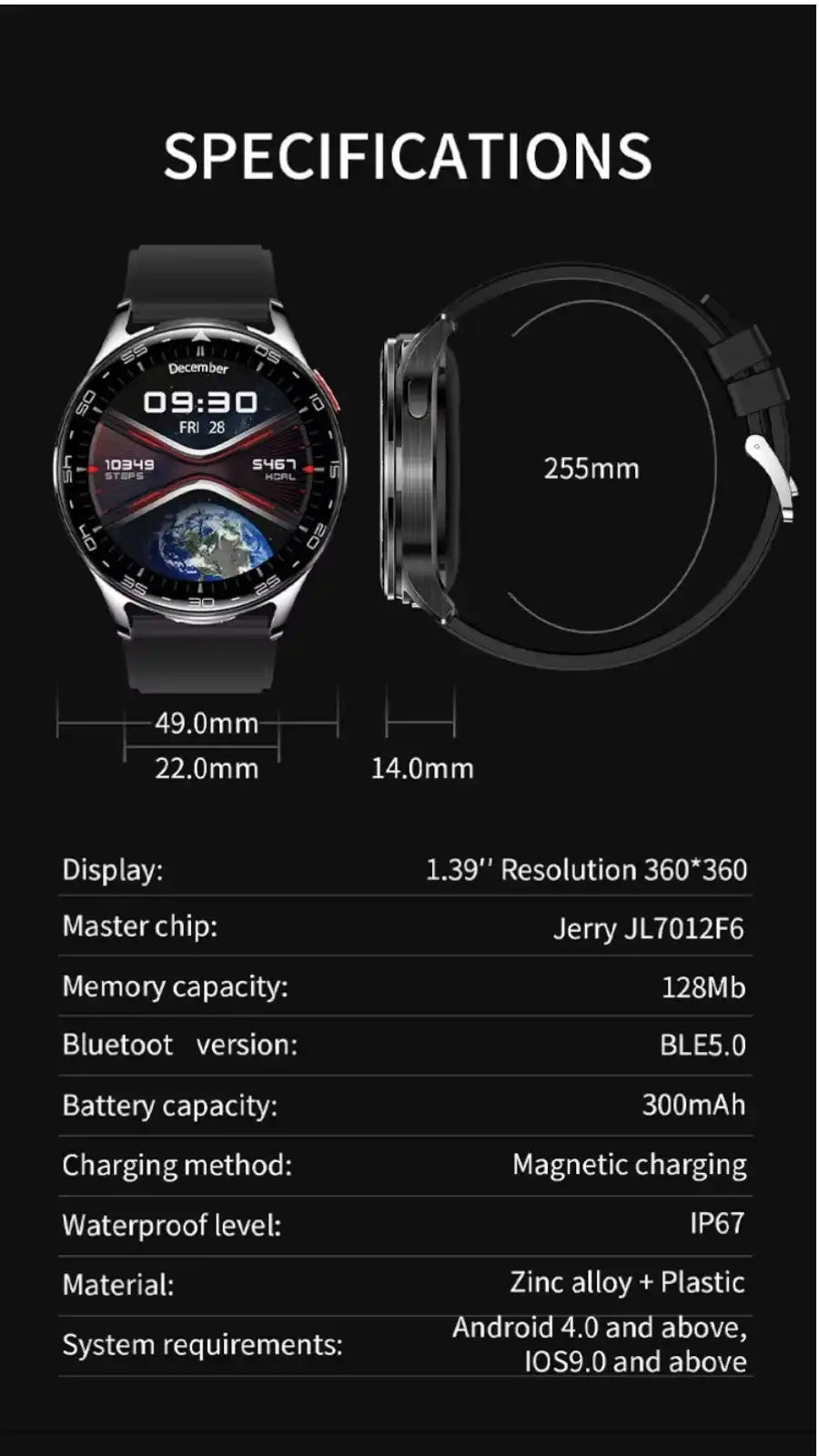 Smartwatch with 1.39 inch 360x360 display, magnetic charging, IP67 waterproof, zinc alloy and plastic body, BLE5.0 Bluetooth TUTT