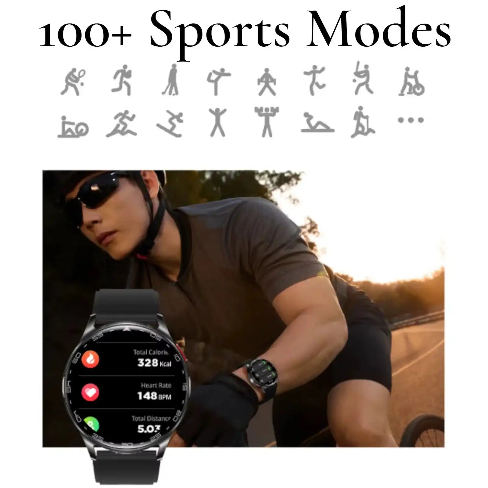 Cyclist wearing black sportswatch tracking heart rate, calories, and distance at sunset with 100+ sports modes icons TUTT