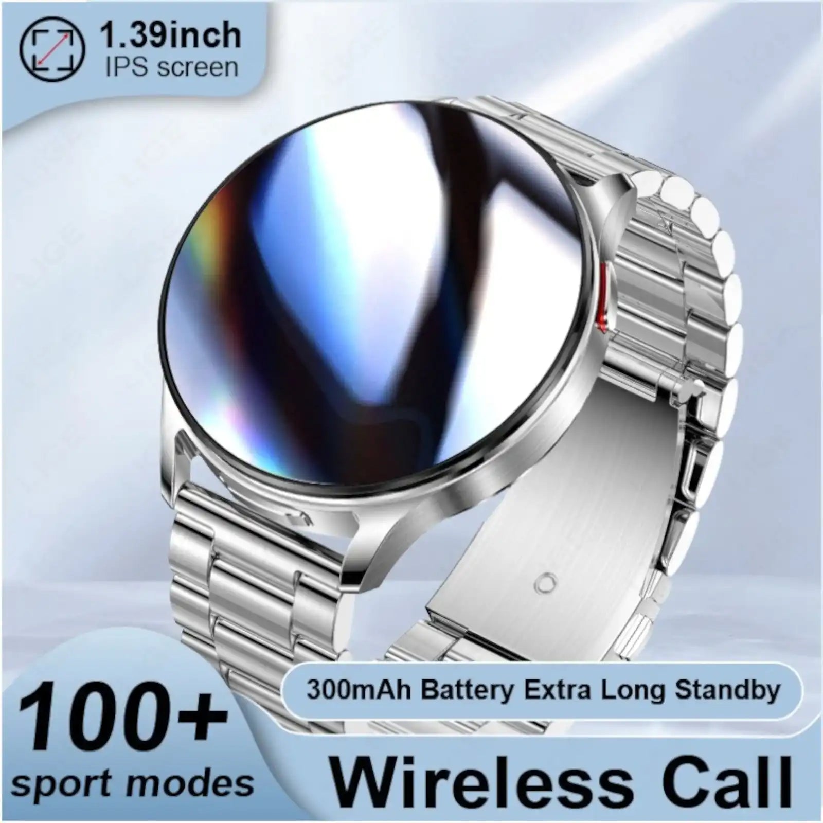 Silver smartwatch with 1.39 inch IPS screen, metal strap, 300mAh battery, 100+ sport modes, wireless call support TUTT