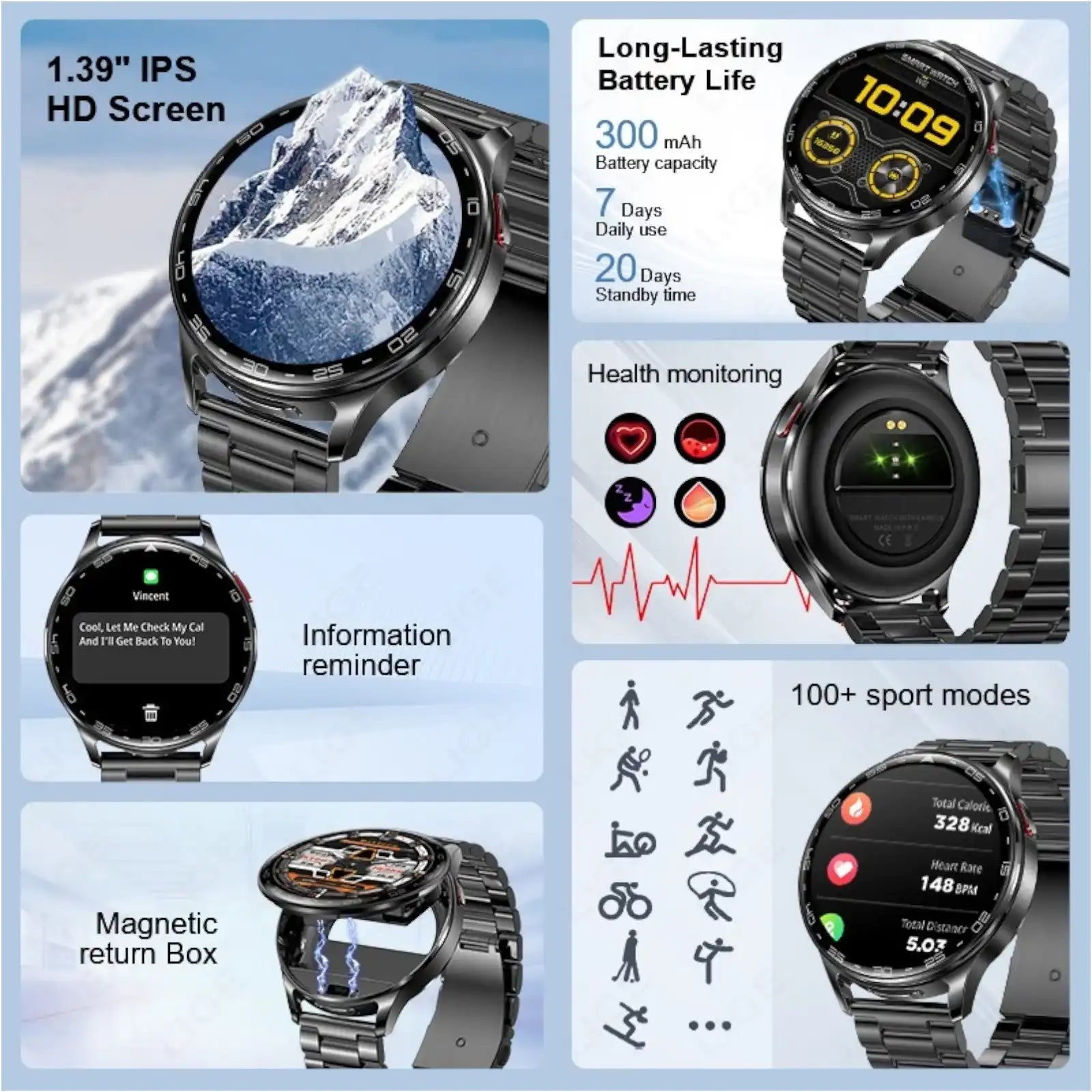 Metal wrist smartwatch with 1.39" IPS HD screen, health monitoring, 7-day battery life, 100+ sports modes, message reminder, and magnetic return box TUTT