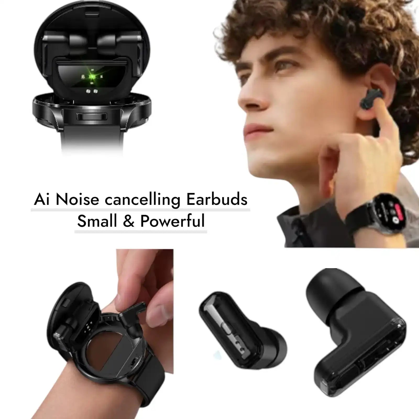 Black AI noise cancelling earbuds stored in a smartwatch charging case, worn by a man adjusting an earbud, showcasing small and powerful wireless earbuds TUTT