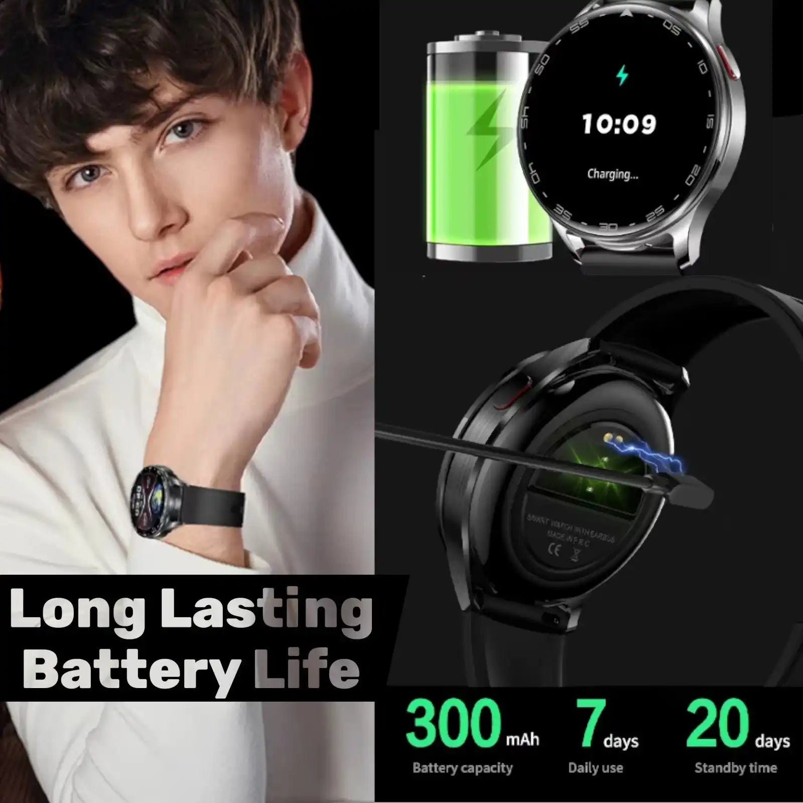 Smartwatch on male model's wrist highlighting long lasting 300mAh battery, 7 days use, 20 days standby TUTT