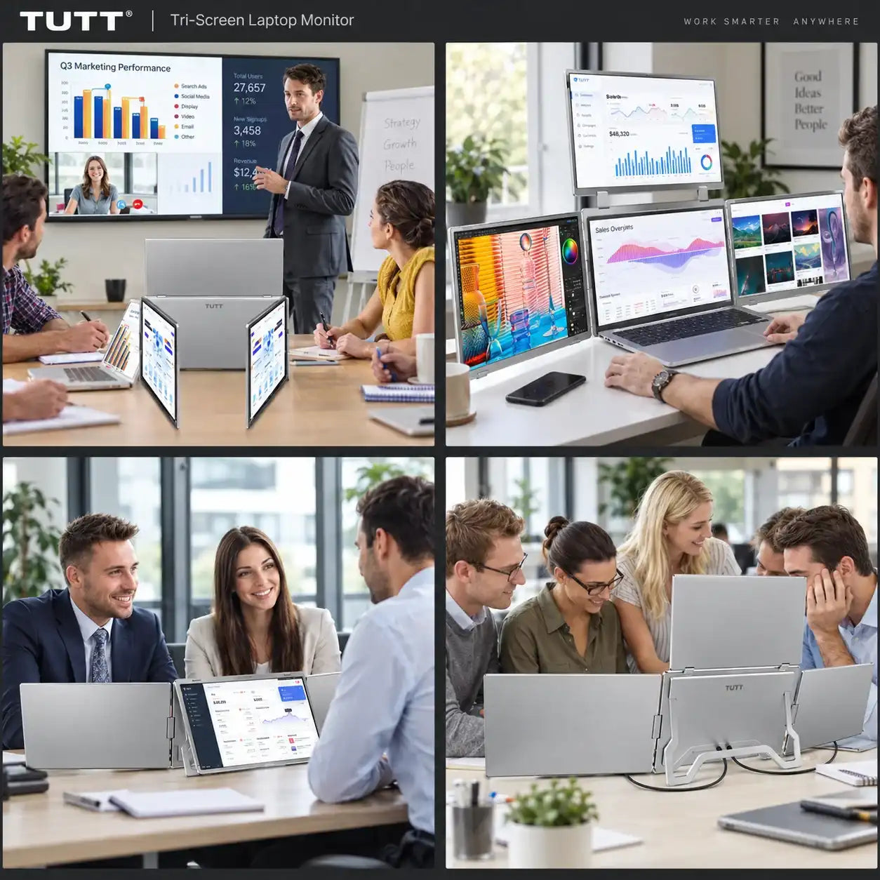 TUTT™ 15.6 inch quad laptop screen extender in professional office settings for enhanced productivity.