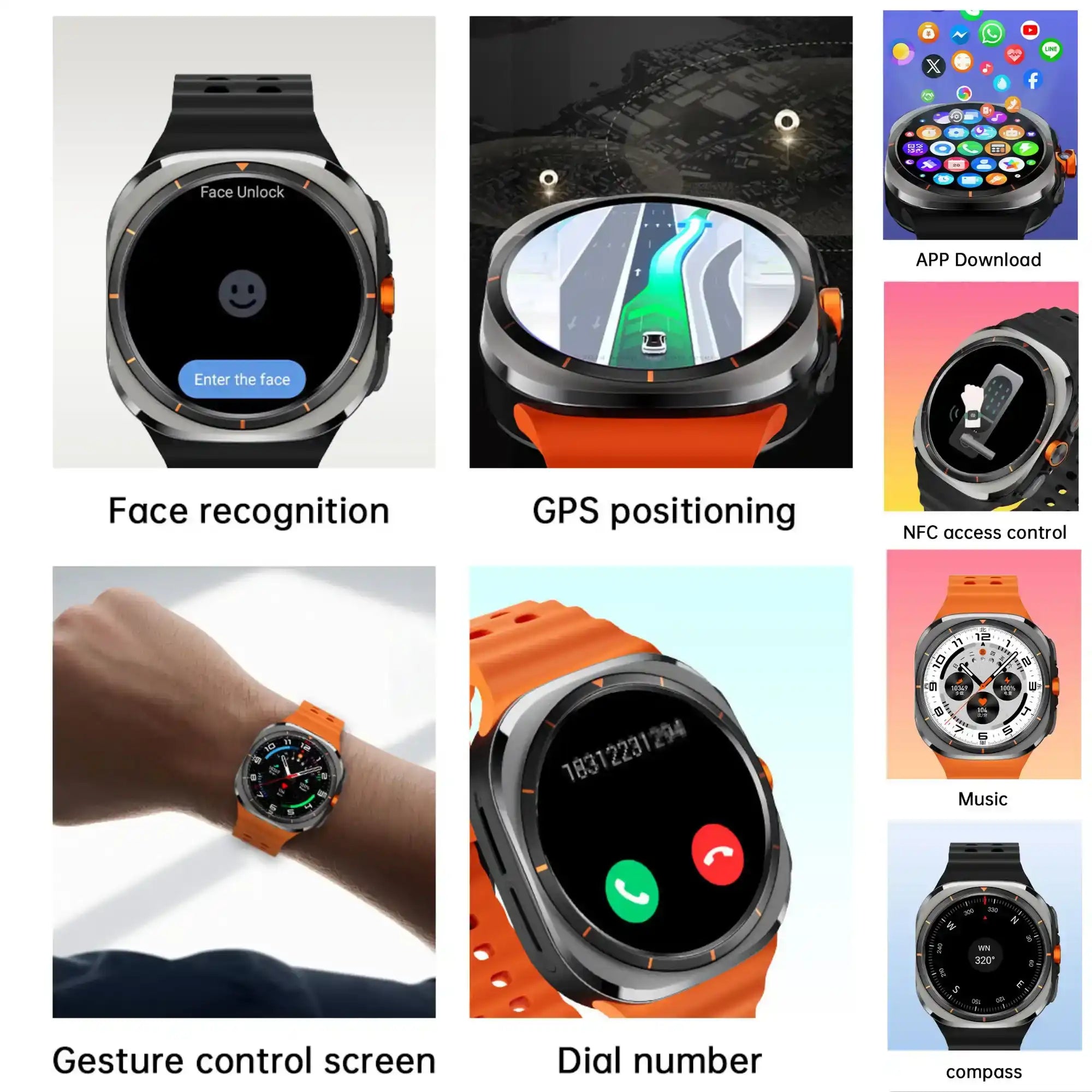 TUTT U8 4G GPS smart watch with orange strap, face recognition, GPS, apps, NFC, gesture control, music, compass features TUTT