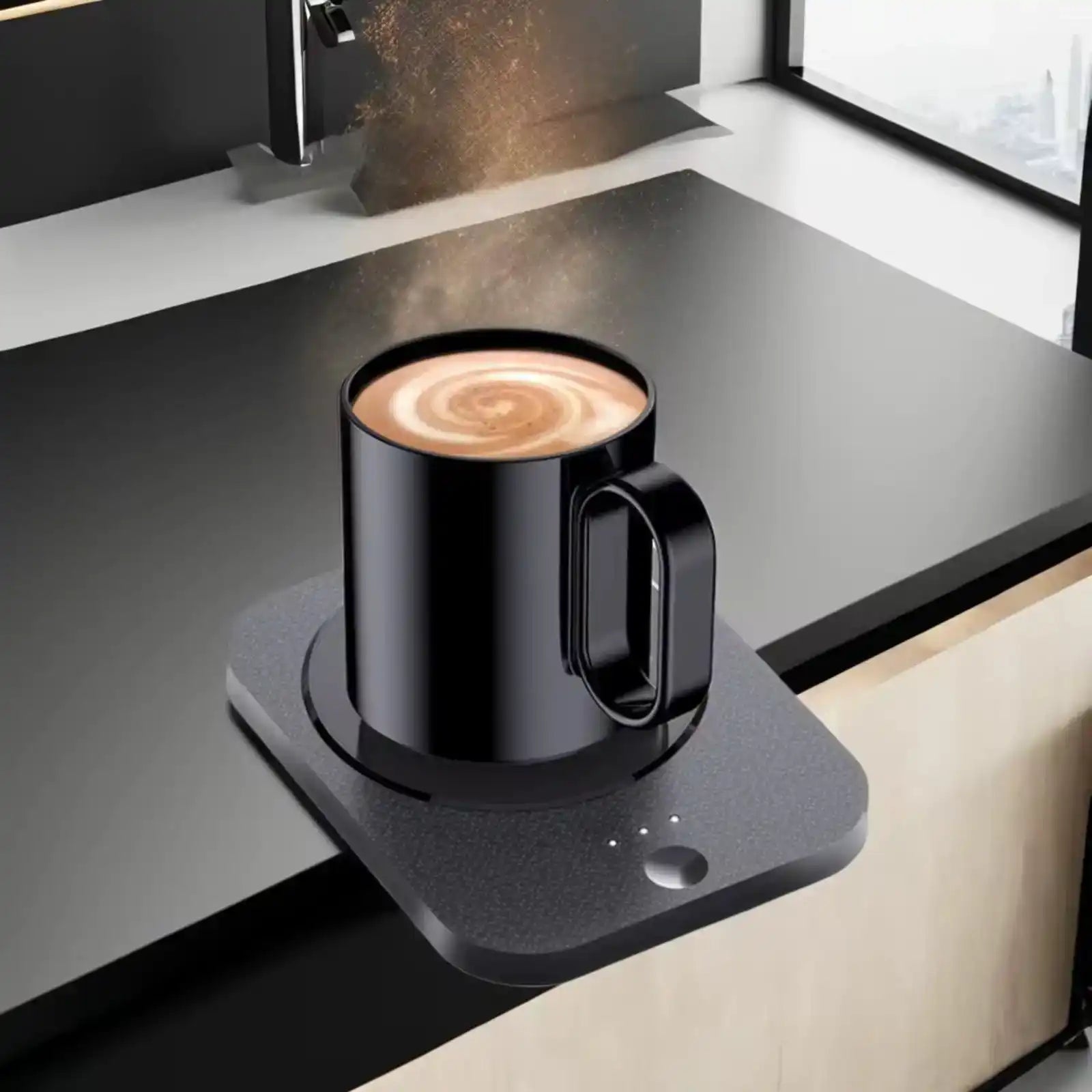 Black ceramic mug with coffee on a USB coffee warmer on a modern kitchen counter, TUTT