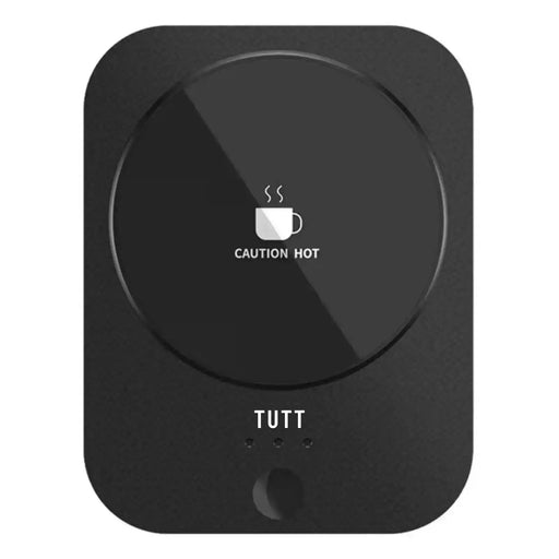 Black USB coffee warmer with CAUTION HOT symbol, TUTT branding, and LED lights. TUTT