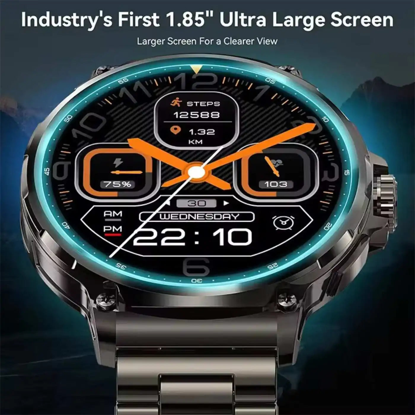 Close-up of smart watch with 1.85 inch ultra large screen and digital step counter, TUTT