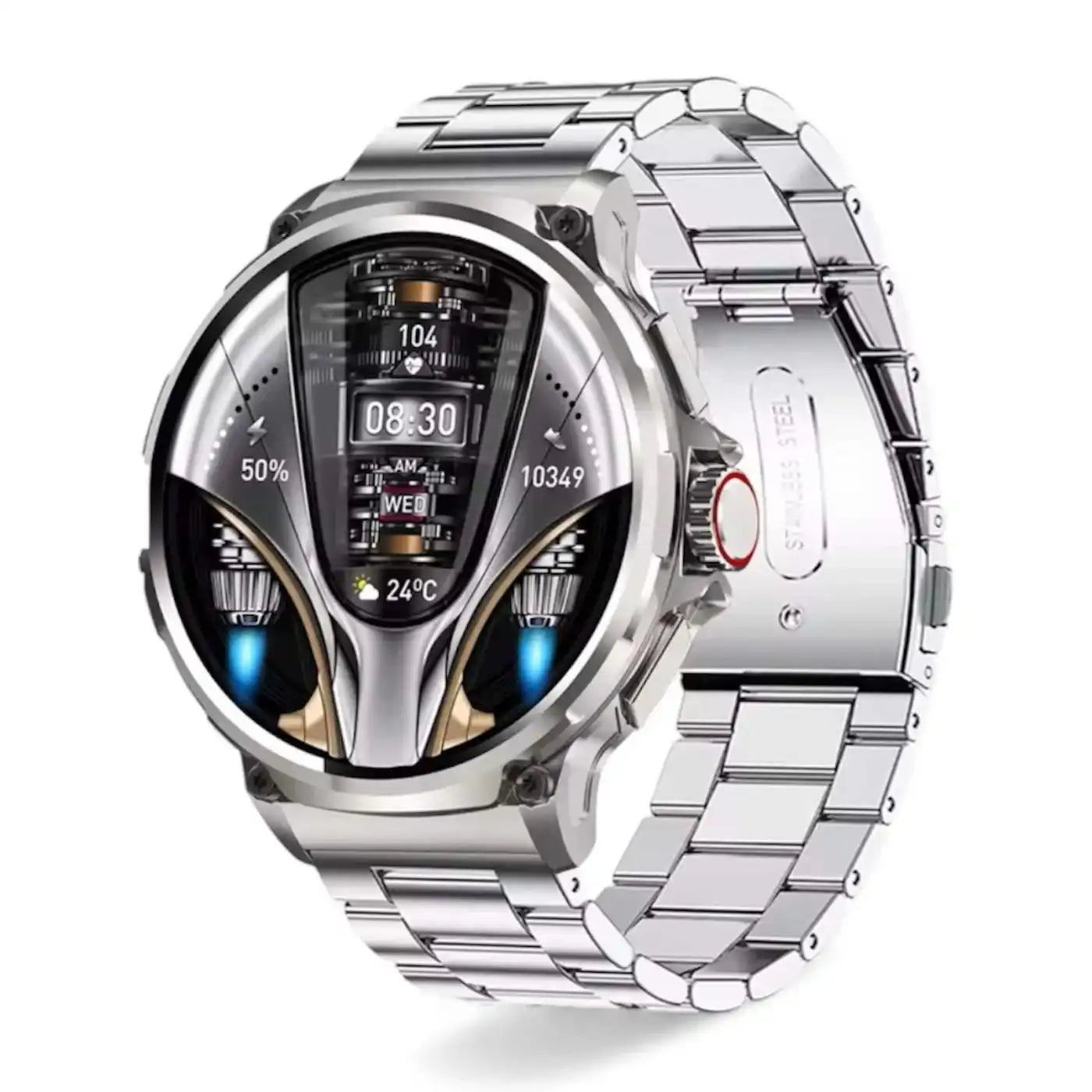 Futuristic silver smart watch with digital display and metal band on white background TUTT