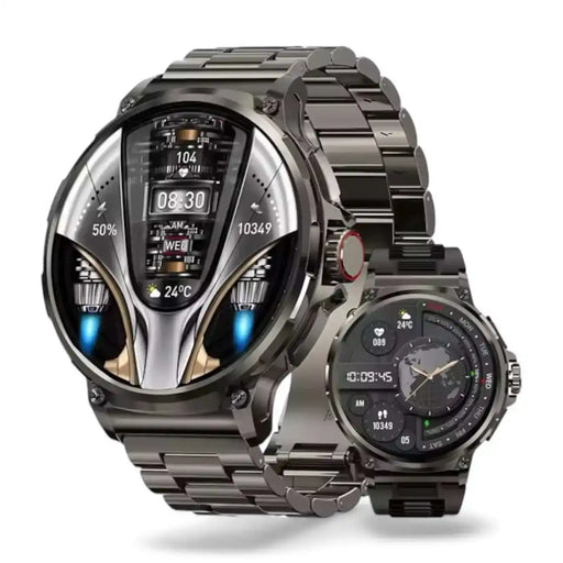 Metallic smart watch with futuristic digital display and health metrics, on silver band, TUTT