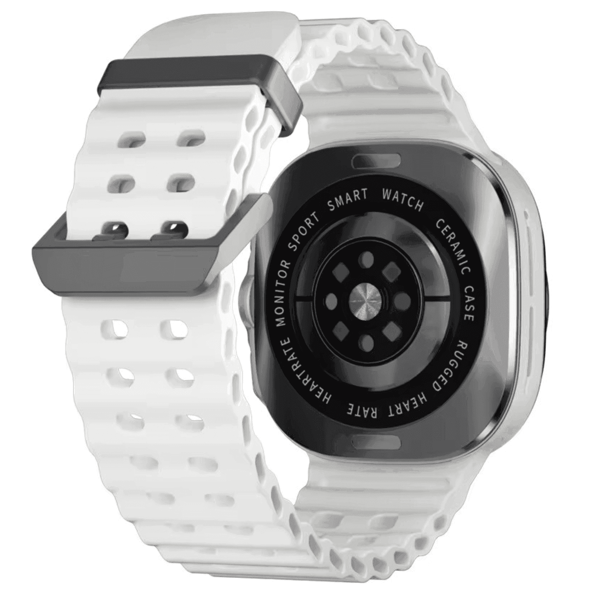 Back view of rugged smart watch with white perforated strap and ceramic case, TUTT