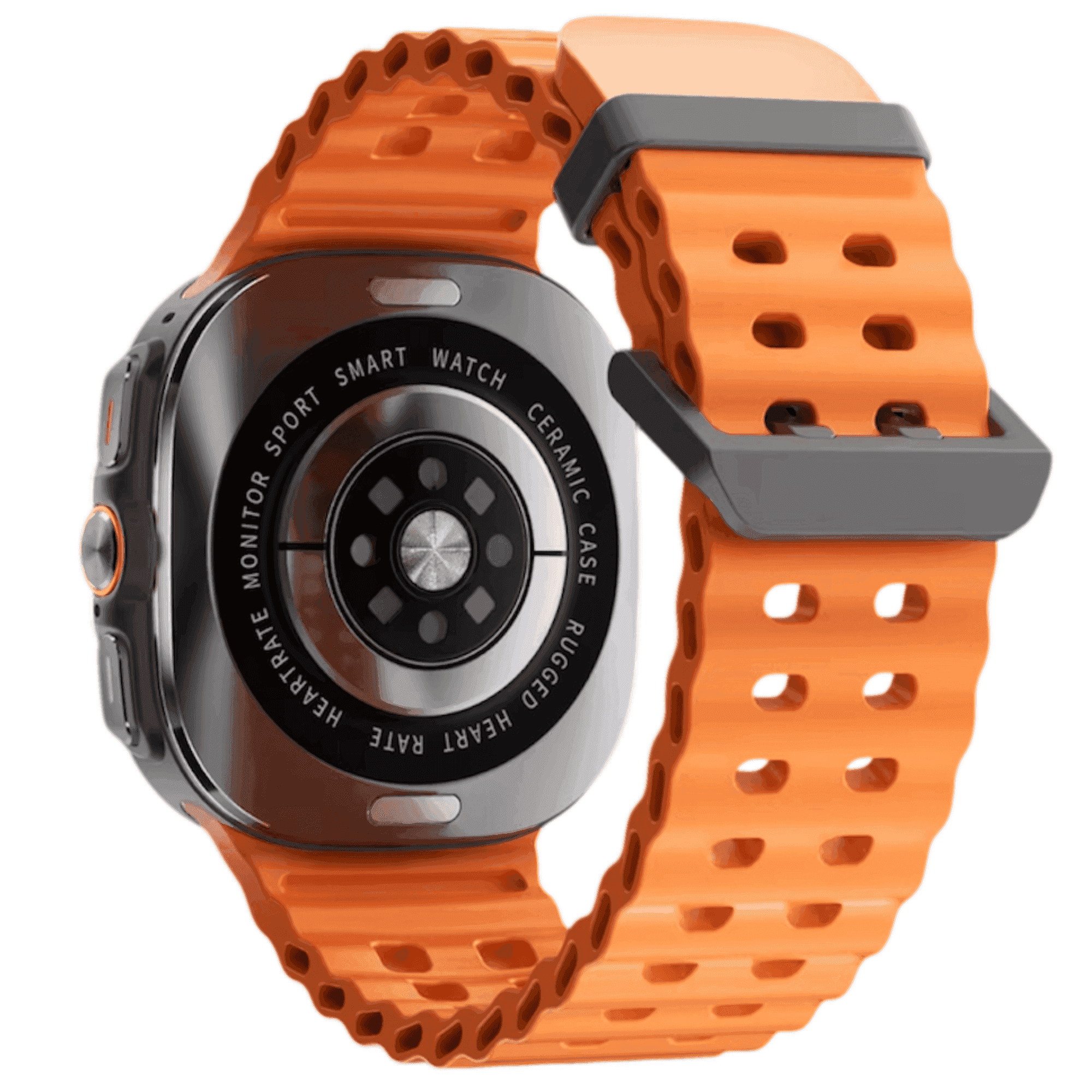 Rugged smart watch with orange perforated strap, heart rate sensor, ceramic case TUTT