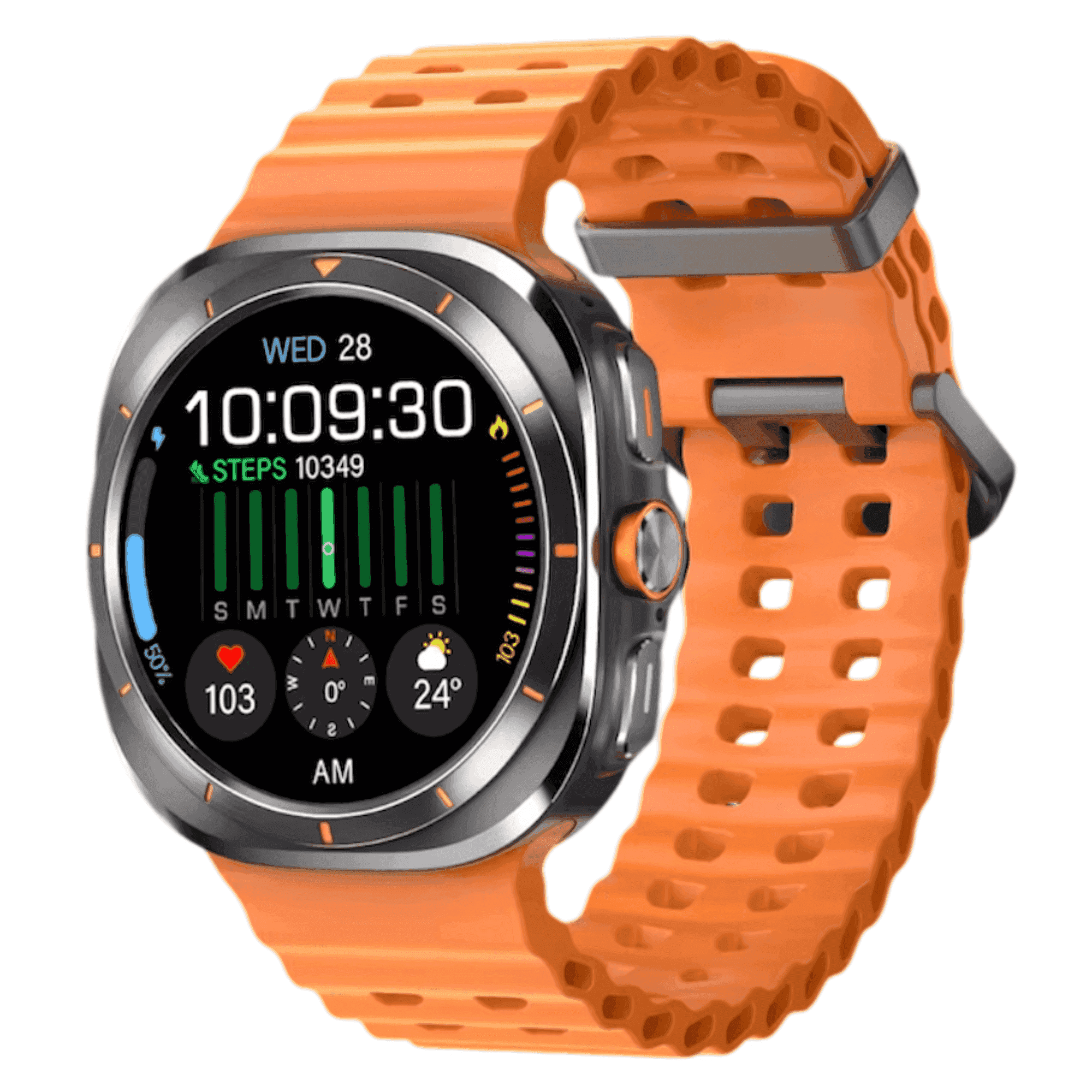 Rugged orange smart watch with fitness tracking display, metal case, health stats, TUTT