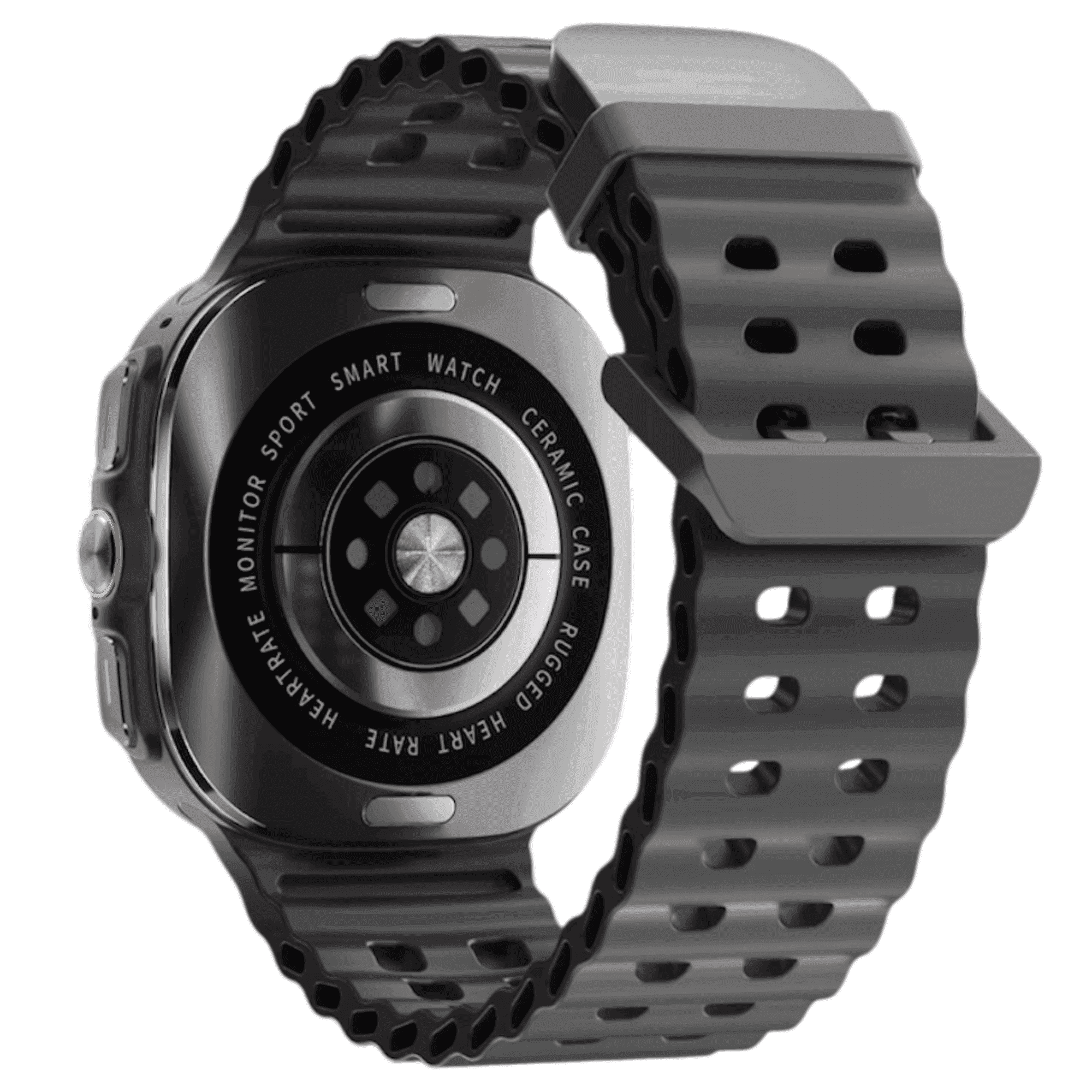Back view of rugged black smart watch with ceramic case and heart rate monitor TUTT