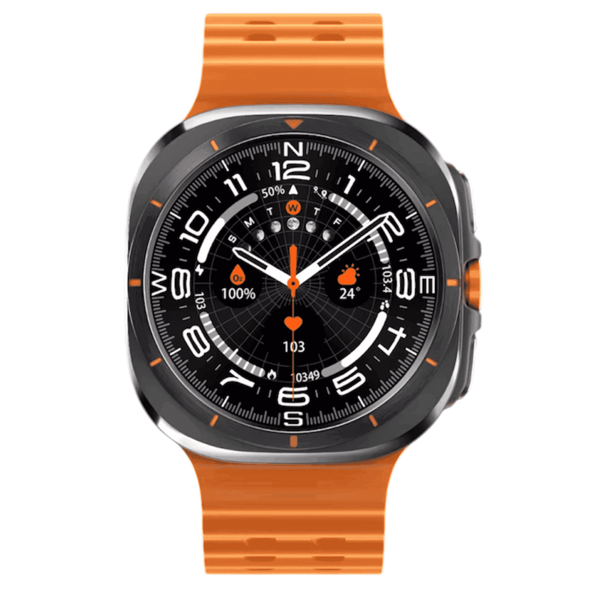 Rugged TUTT W8 smart watch with orange strap, round display showing fitness and weather features TUTT