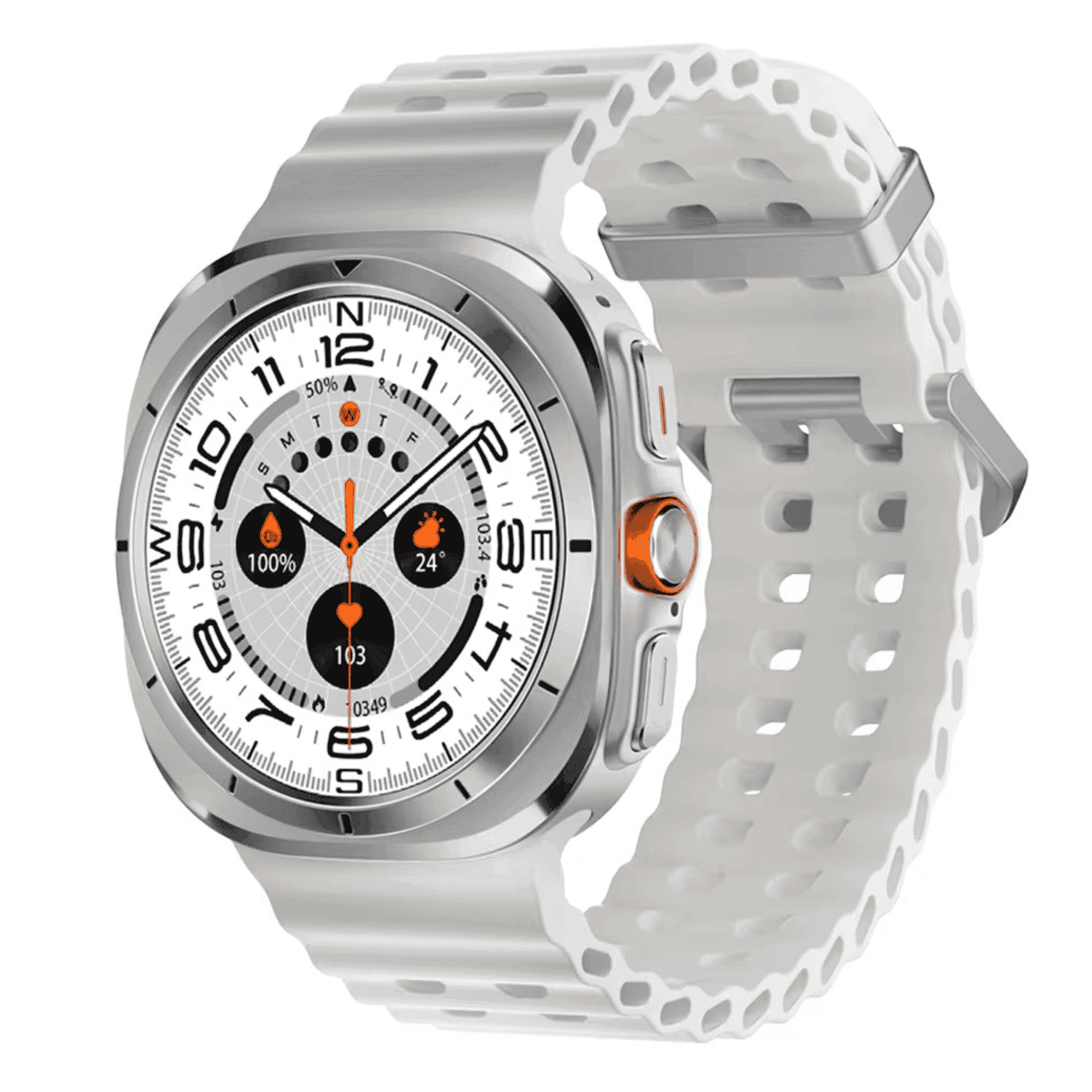 White rugged smart watch with round display, fitness tracking, and metal bezel, TUTT