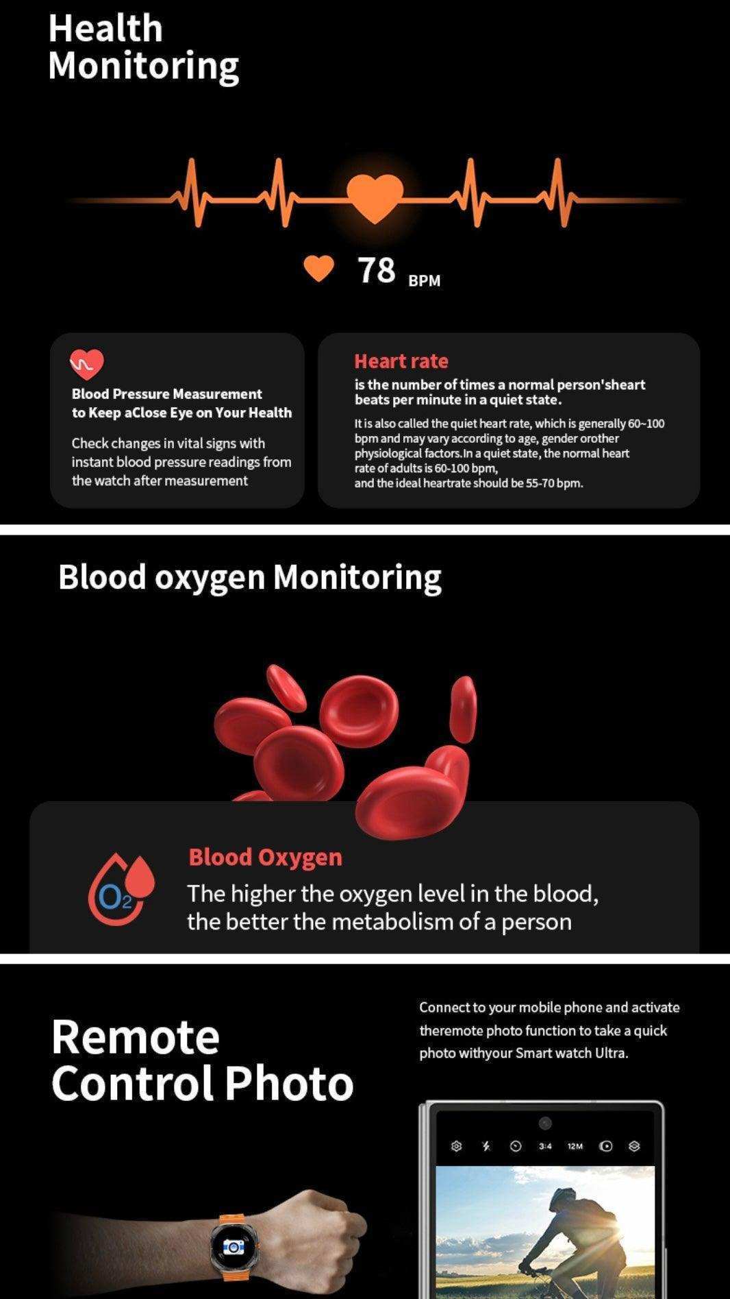 TUTT W8 Smart Watch showing health monitoring, blood oxygen tracking, and remote camera control. TUTT