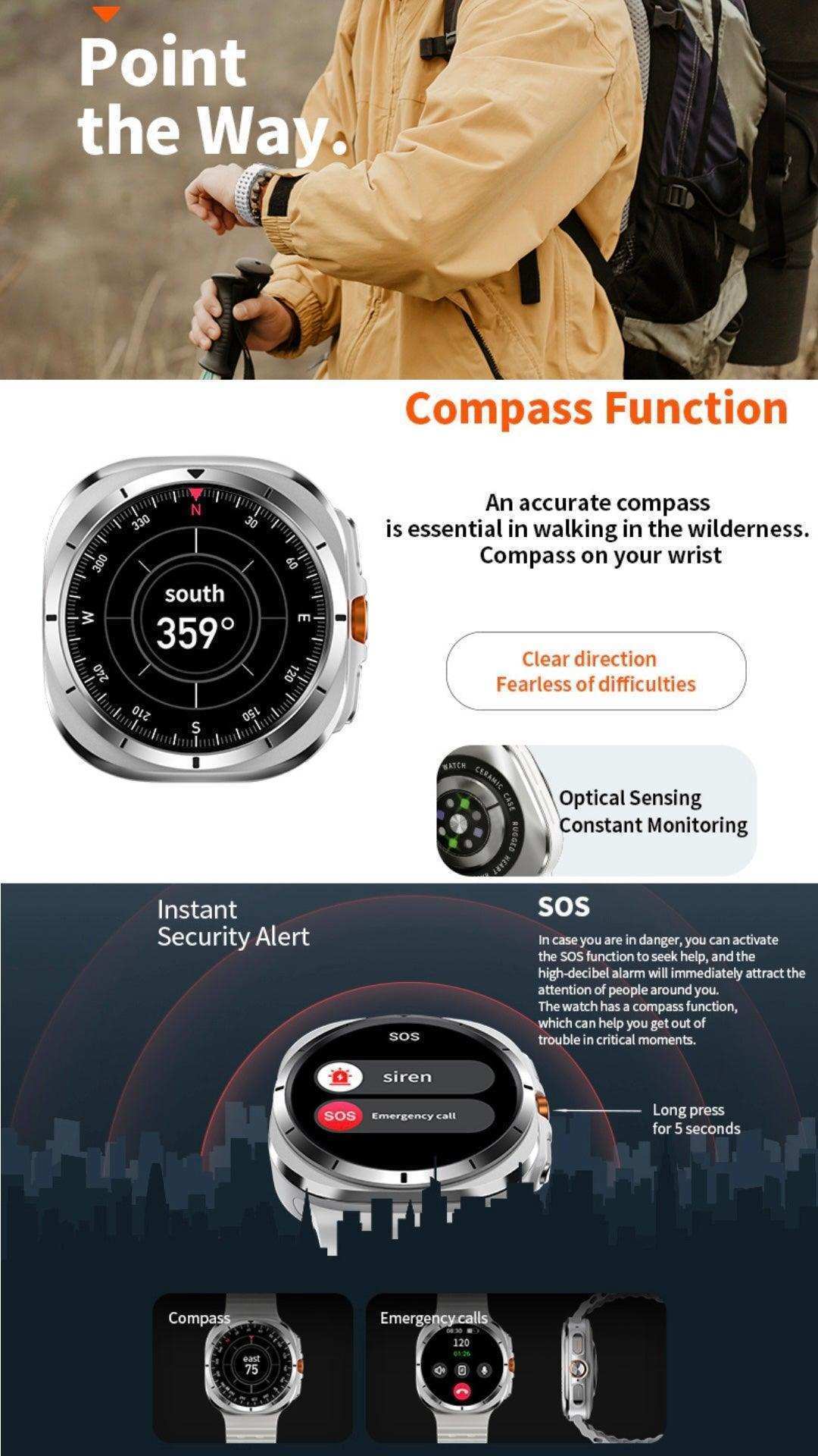 Rugged smart watch with compass, SOS alert, and outdoor features displayed on screen, TUTT