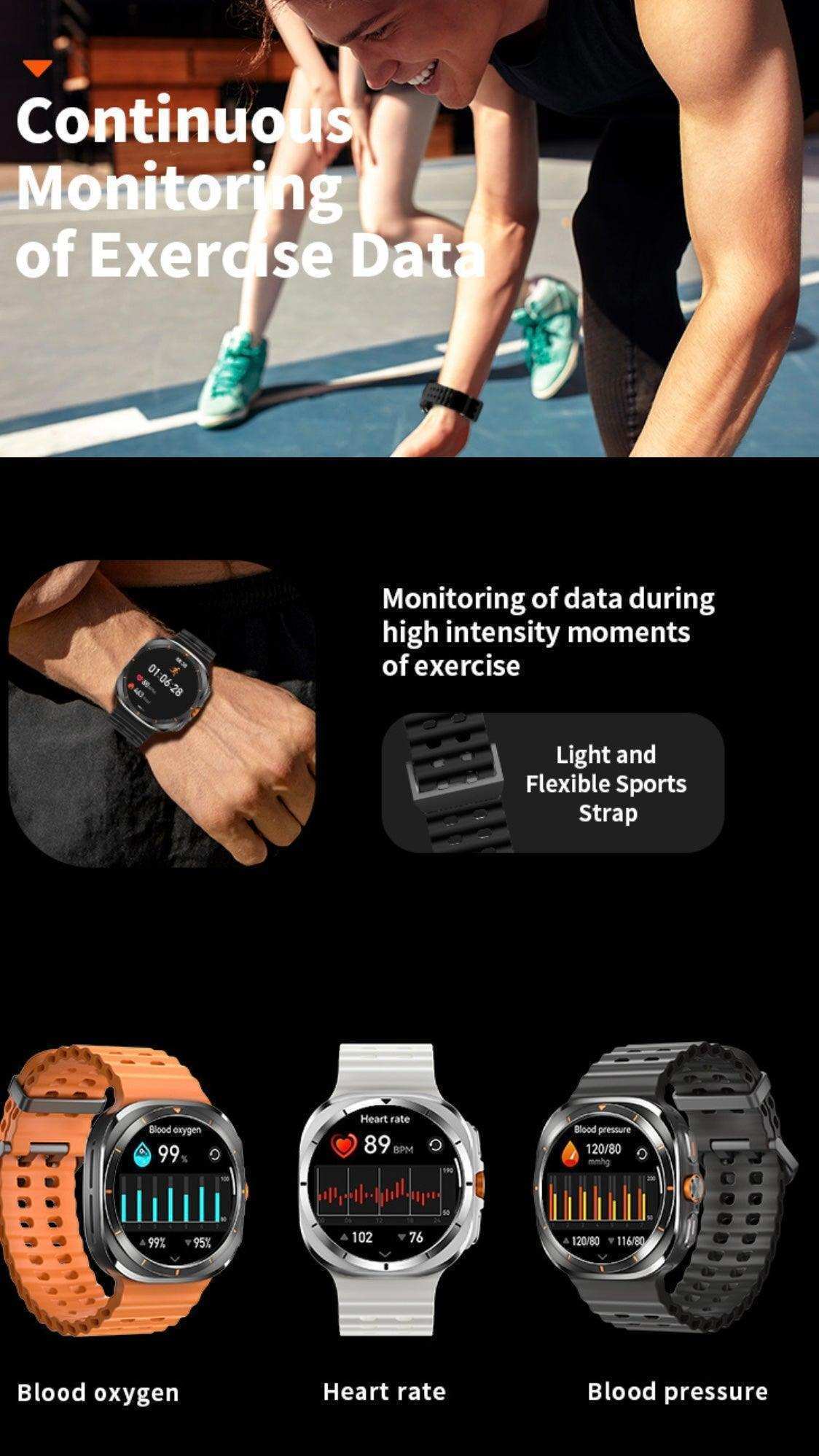 TUTT W8 rugged smart watch monitors exercise data, heart rate, blood oxygen, blood pressure. TUTT