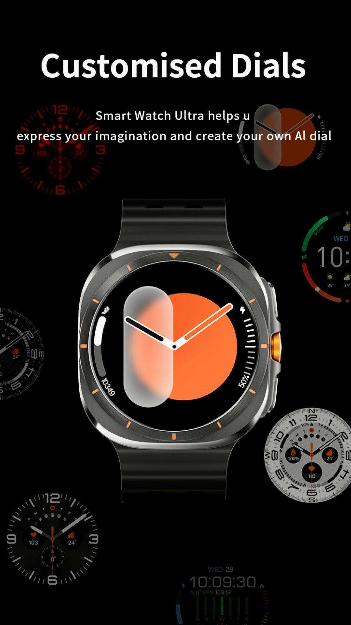 Rugged smart watch with customizable dials and black strap on black background, TUTT