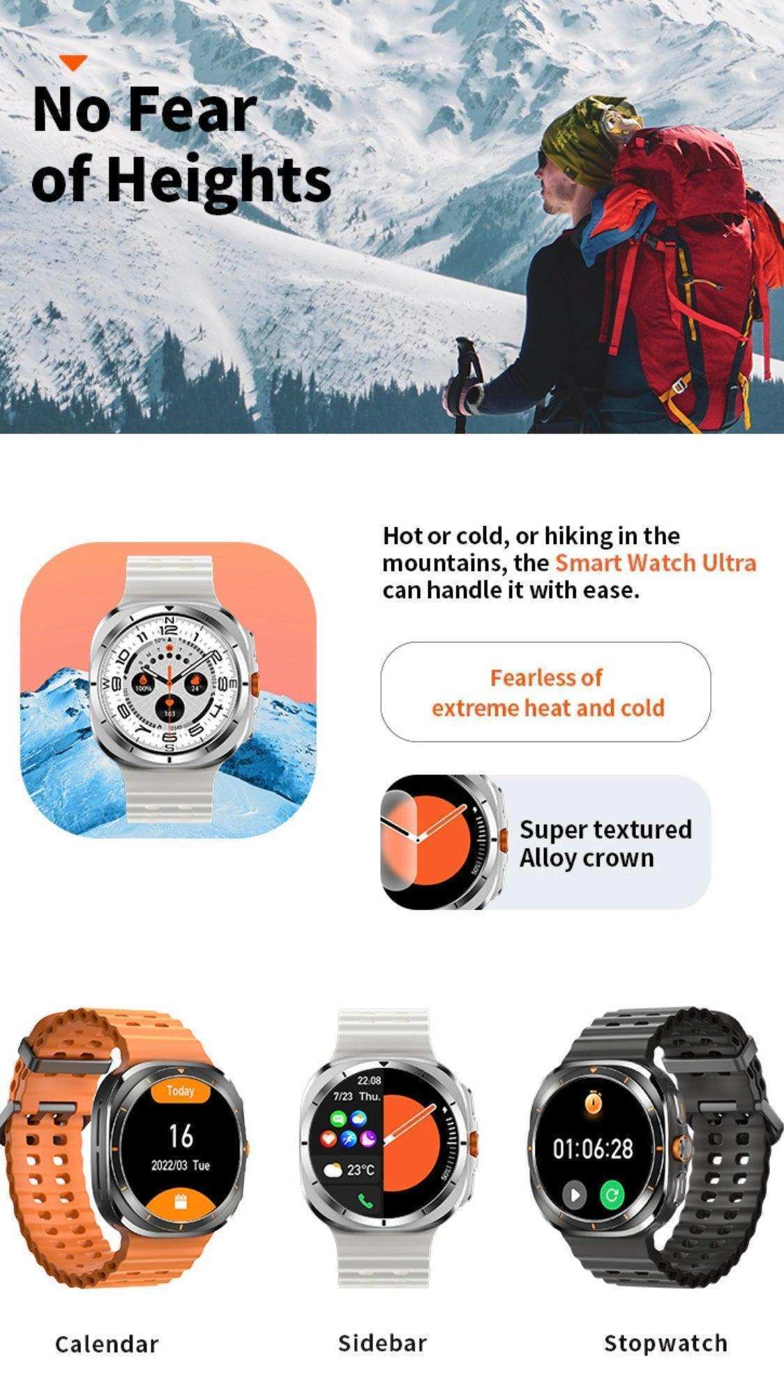Rugged smart watch with silver case, mountain hiker, snowy background, and calendar, sidebar, stopwatch features displayed. TUTT