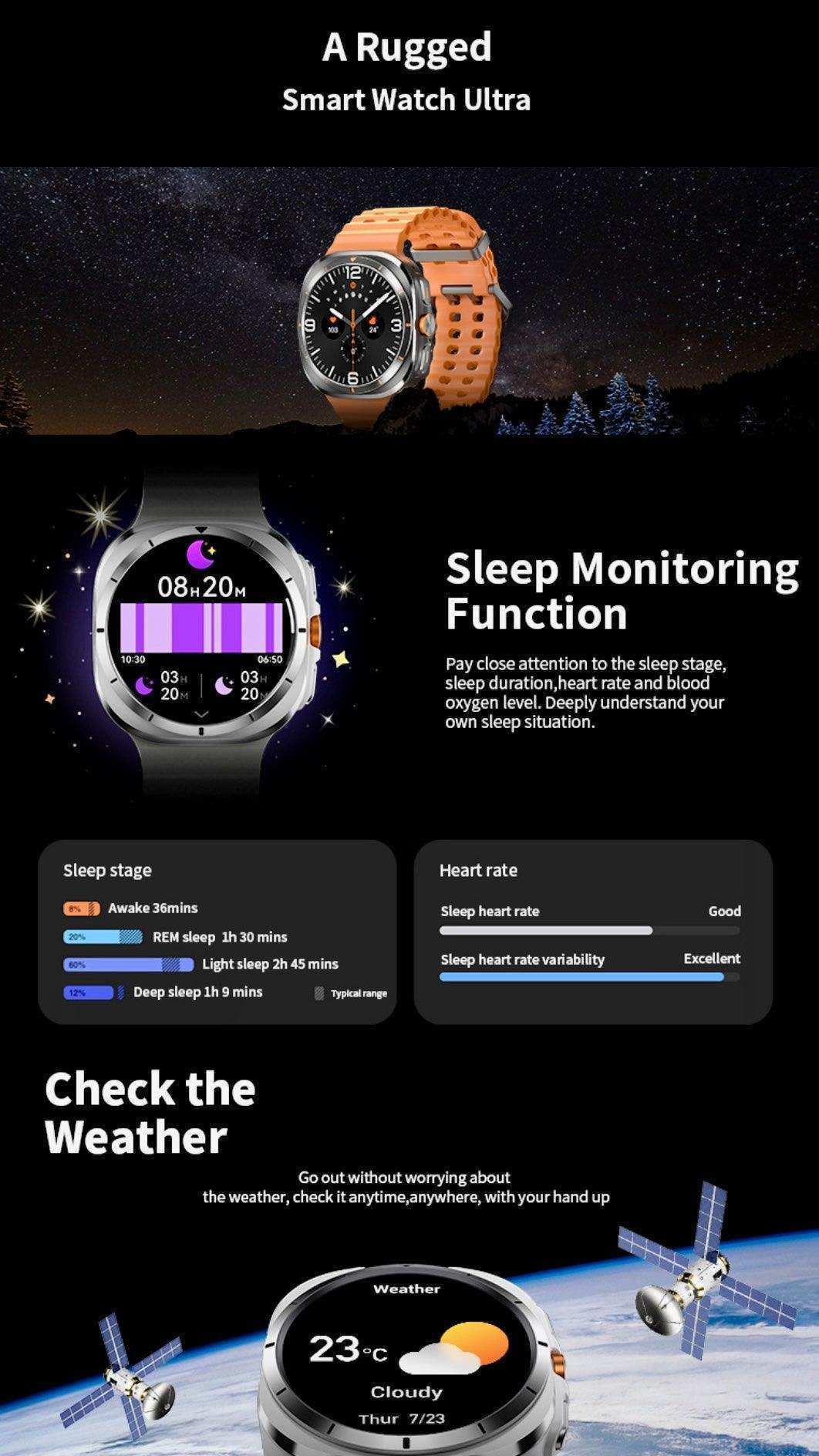 Rugged smart watch ultra with orange strap, sleep monitoring and weather display features, TUTT