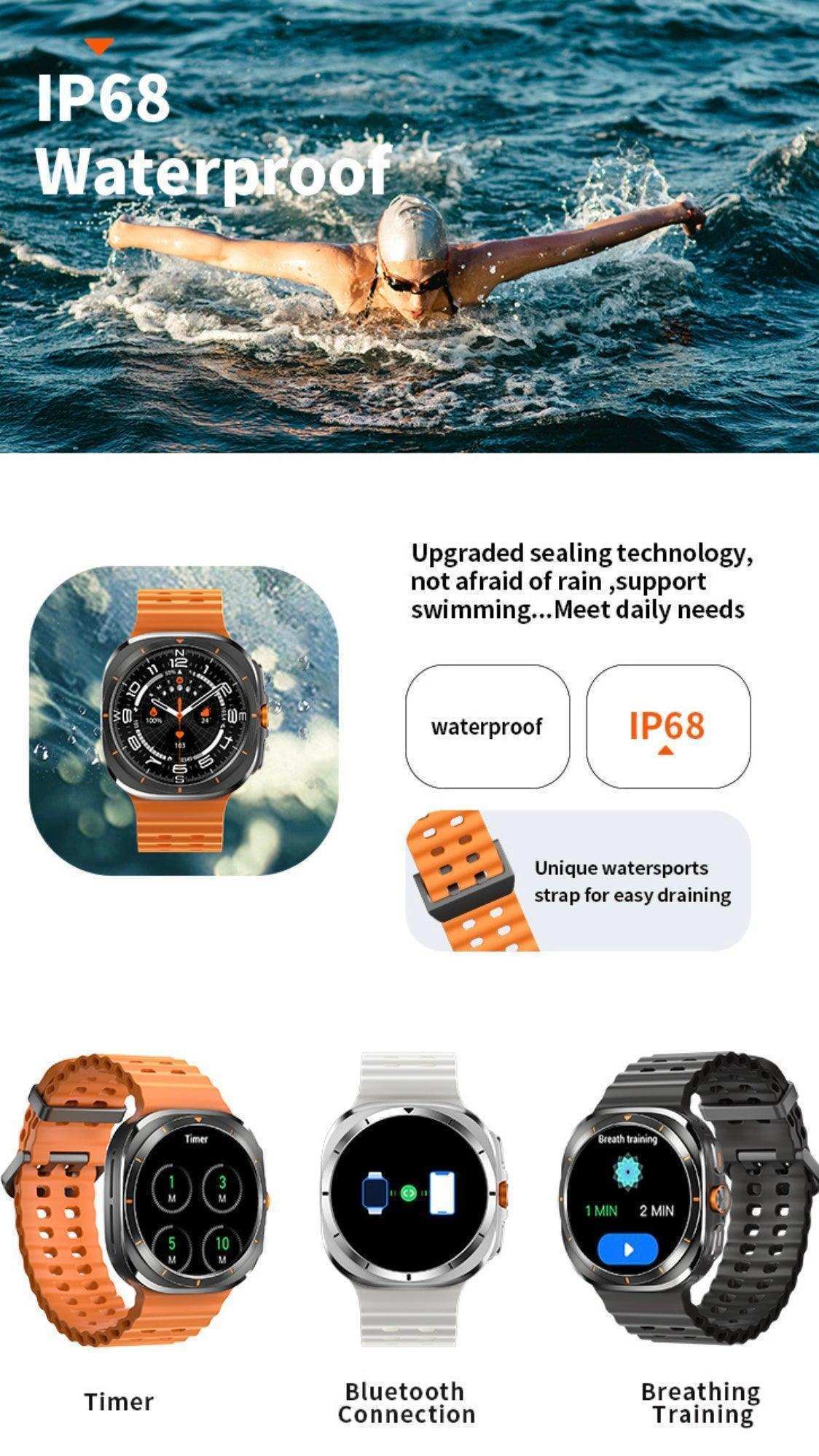 IP68 waterproof smart watch with orange, white, and black bands, timer, Bluetooth, and breathing training features; swimmer in water. TUTT