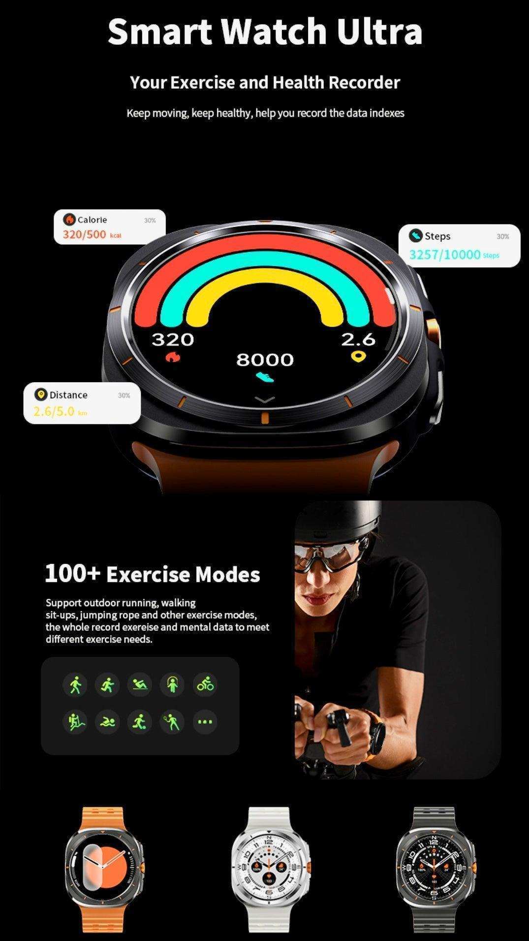 Smart watch ultra with fitness tracking screen, stats, 100+ exercise modes, various watch styles TUTT
