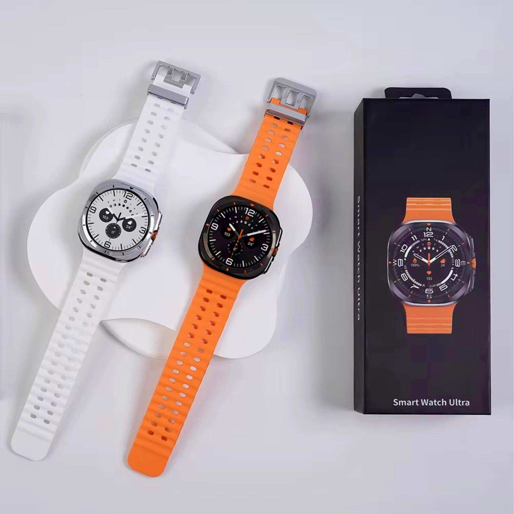 Two rugged smart watches, one with a white strap and one with an orange strap, beside a Smart Watch Ultra box, TUTT