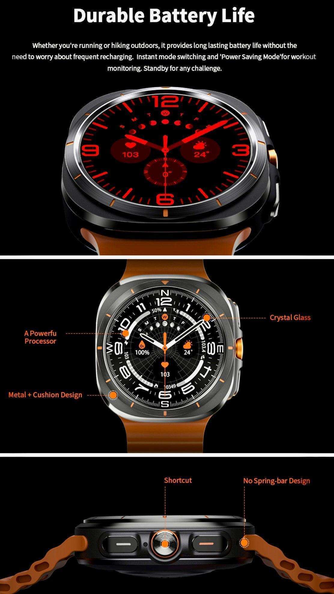 TUTT W8 Smart Watch rugged design, metal cushion body, brown strap, crystal glass, close-up. TUTT