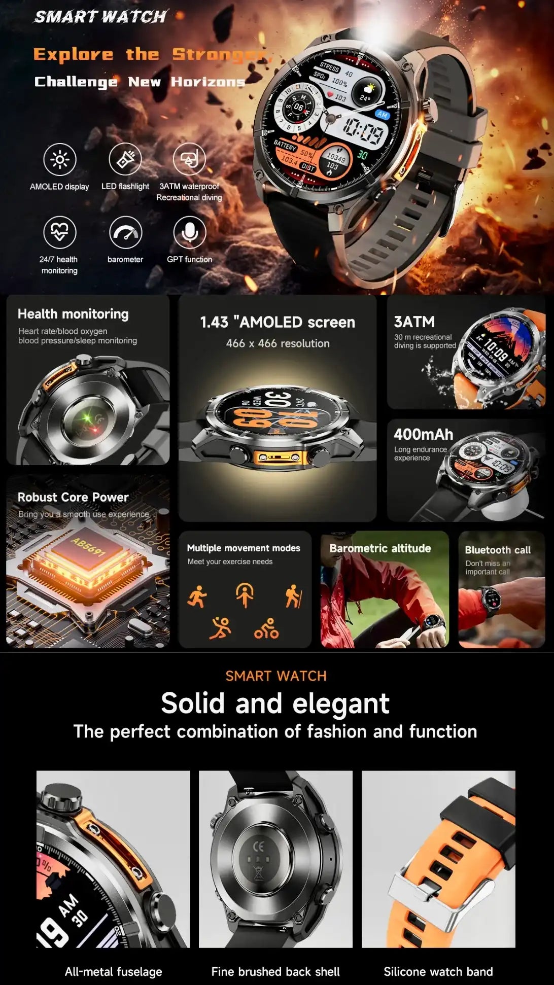 Rugged TUTT W8 smart watch with AMOLED display, fitness tracking, waterproof rating, and orange accents, TUTT