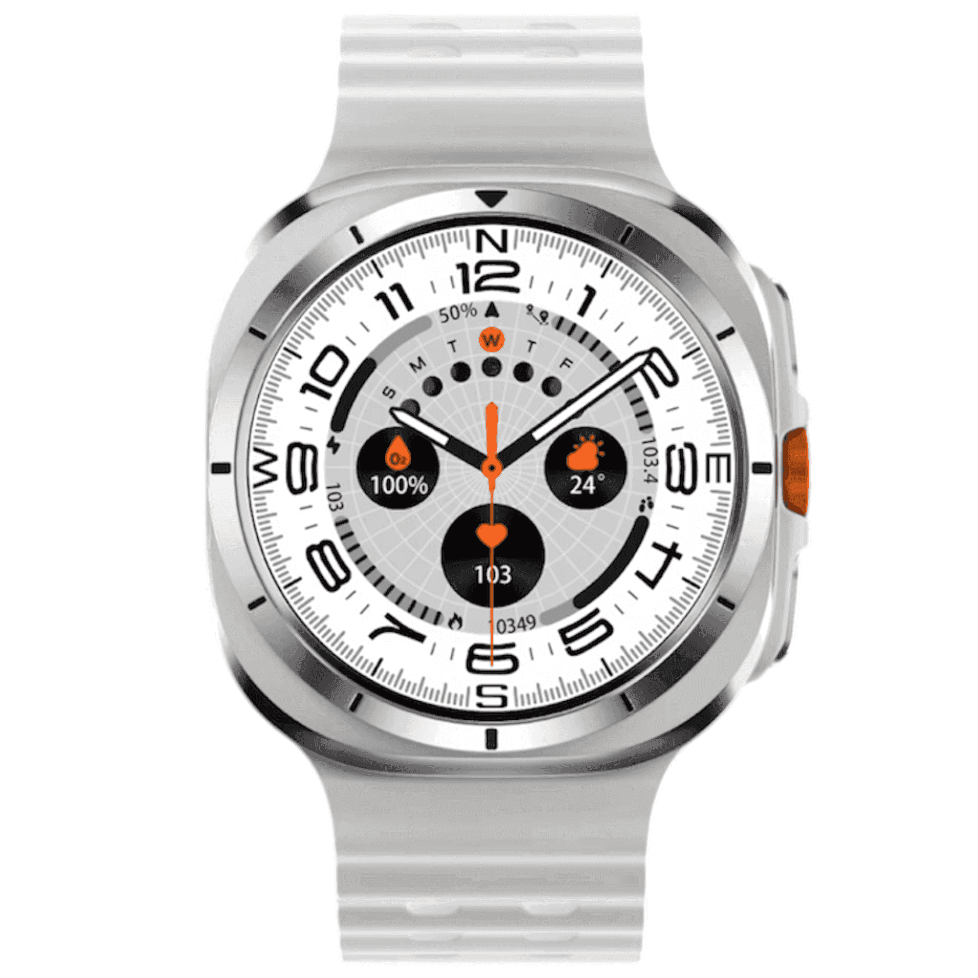 Silver rugged smart watch with white band, round digital display and fitness icons, TUTT