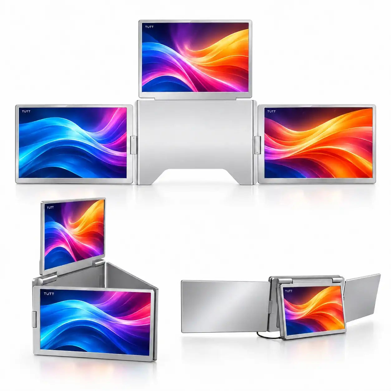 TUTT™ 15.6-inch quad laptop screen extender showing multiple configuration options for productivity.