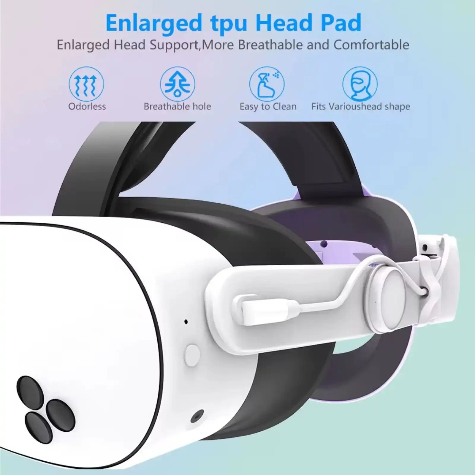 VR head strap with enlarged TPU pad and adjustable headband for Meta Quest, shown in close-up. TUTT