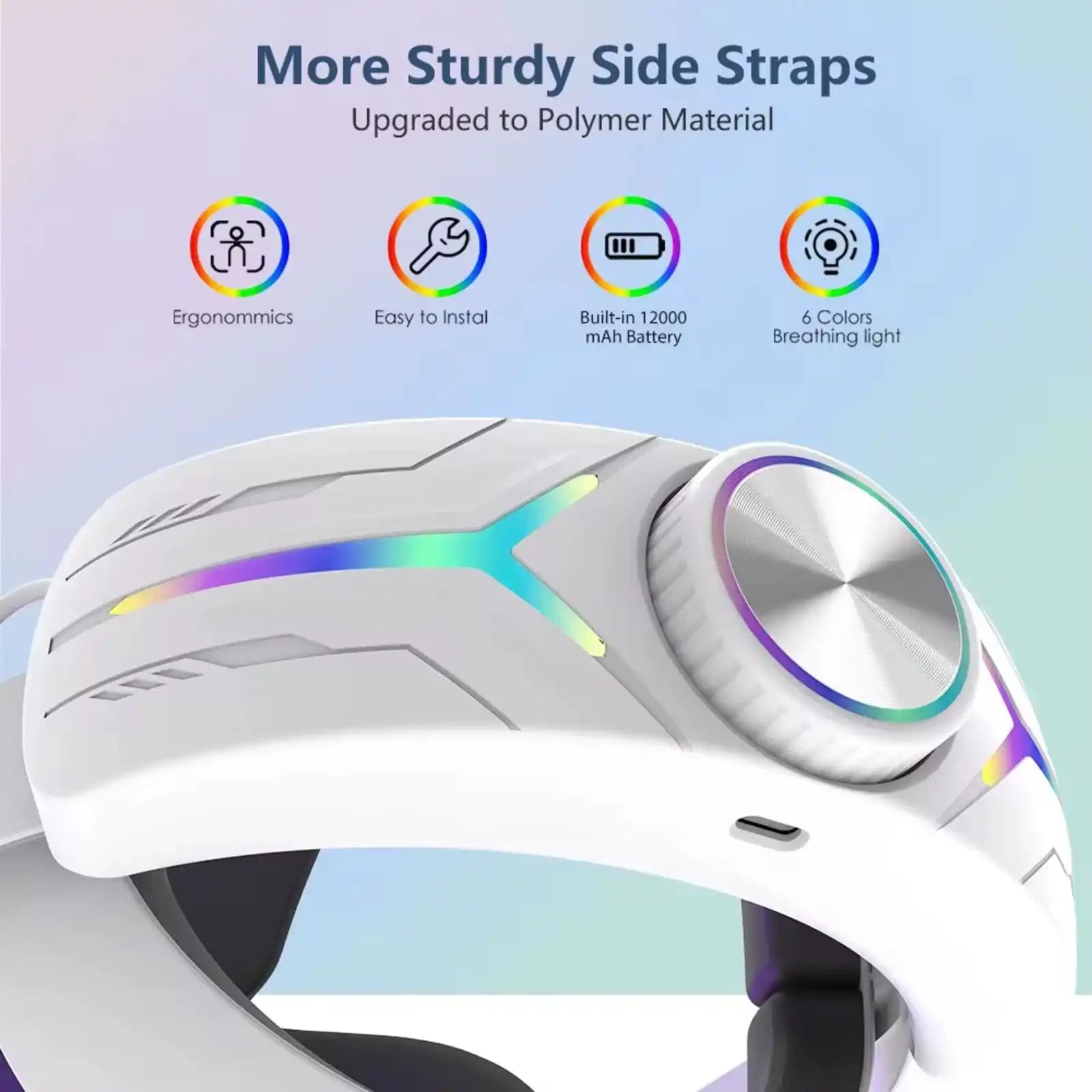 White VR head strap with RGB lighting, adjustable knob, and battery indicator for Meta Quest 3, TUTT