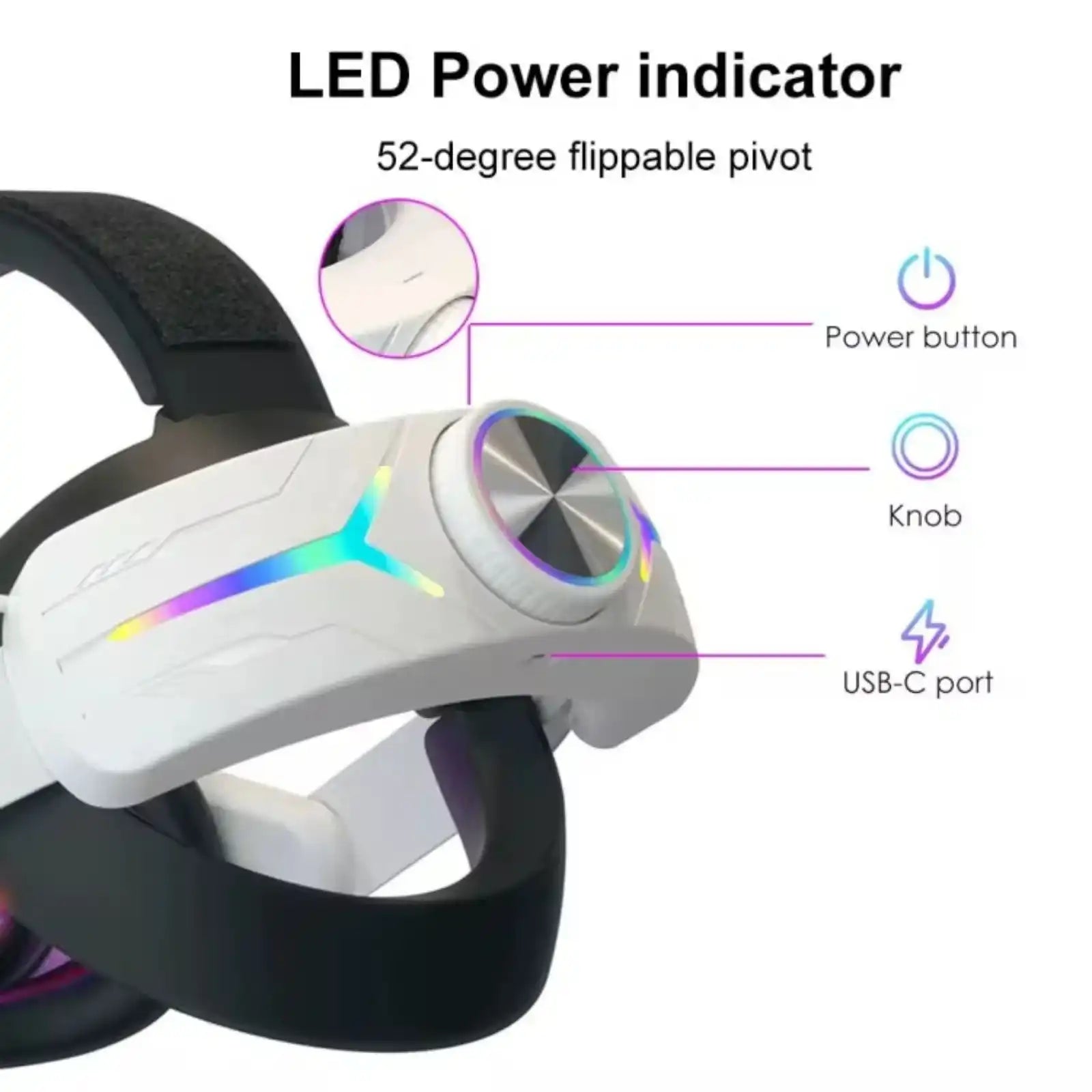 Adjustable VR head strap with RGB lighting, USB-C port, knob, and LED power indicator for Meta Quest, TUTT