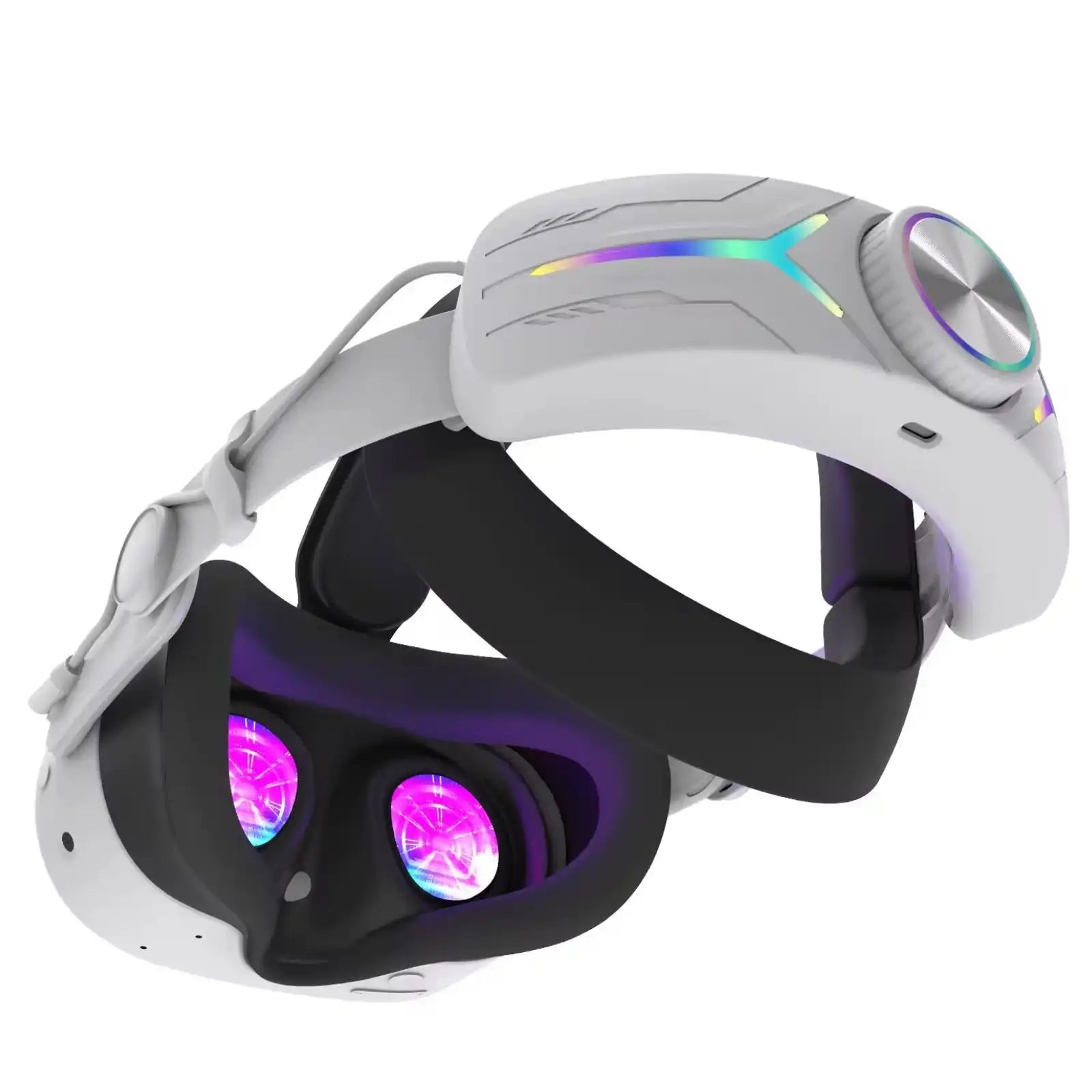 VR head strap with RGB lighting, adjustable for Meta Quest, white and black, TUTT
