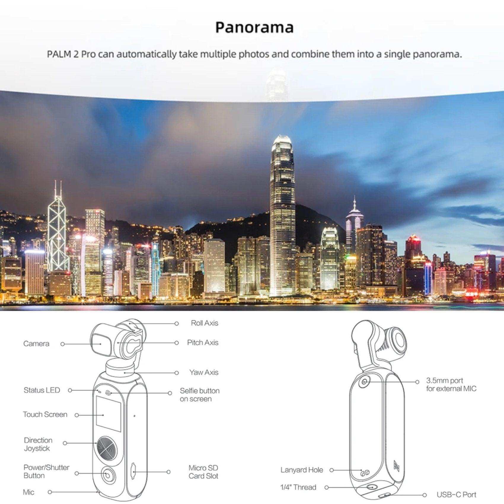 FIMI Palm 2 Pro 3-axis handheld gimbal pocket camera diagram and cityscape panorama, TUTT
