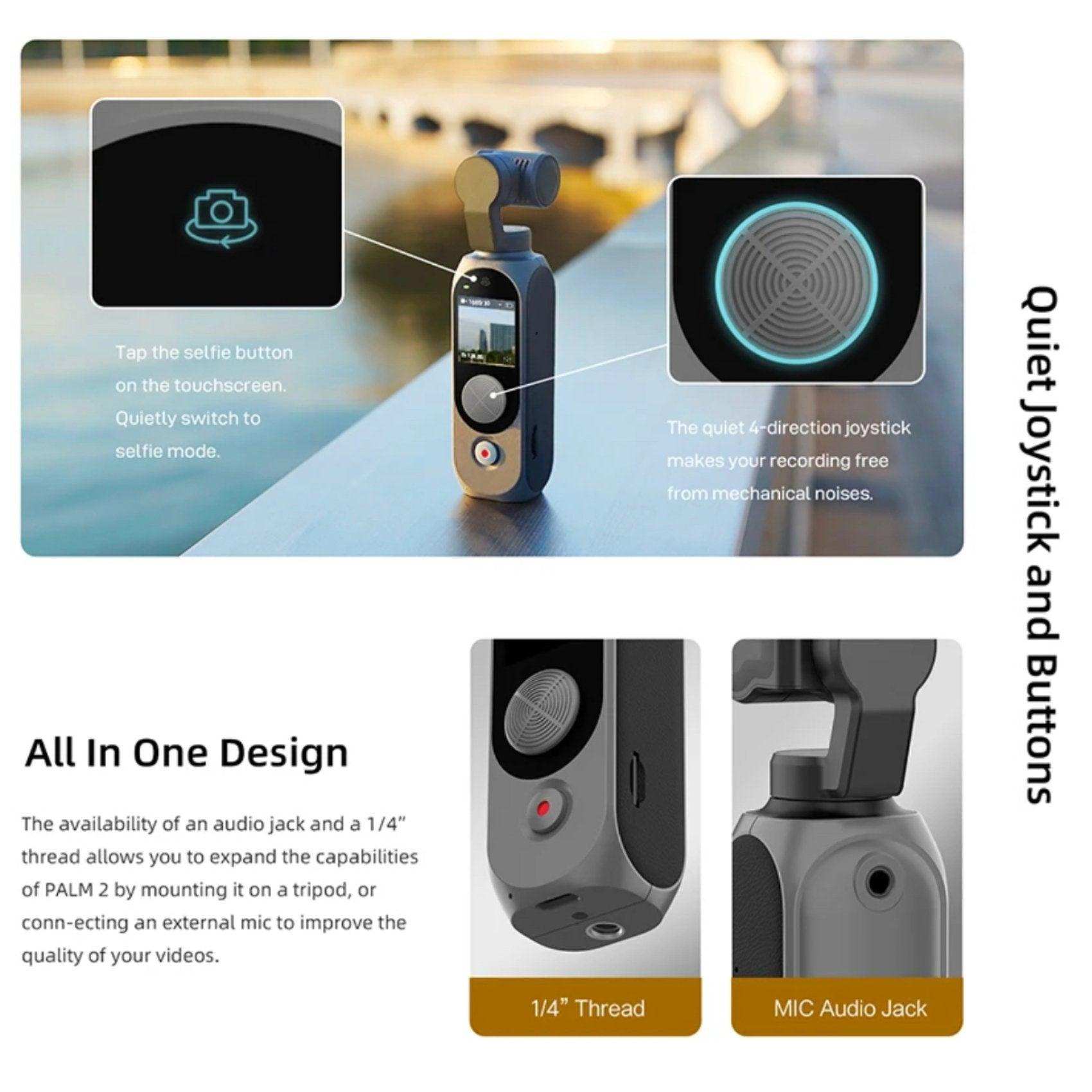 FIMI Palm 2 Pro 3-axis handheld gimbal pocket camera with touchscreen, joystick, 1/4-inch thread, and mic audio jack, product features highlighted outdoors. TUTT