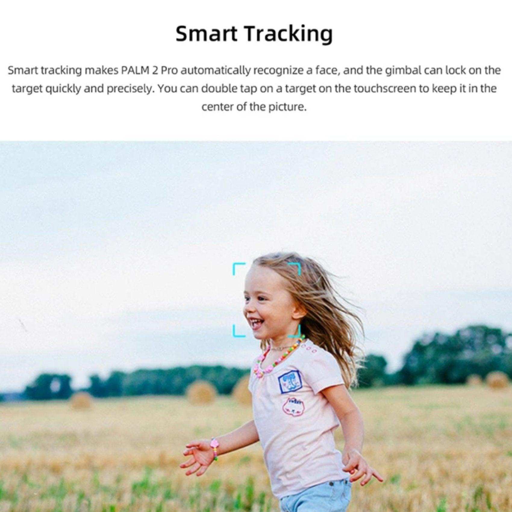 Smiling child running outdoors in a field, smart tracking focus highlighted, TUTT