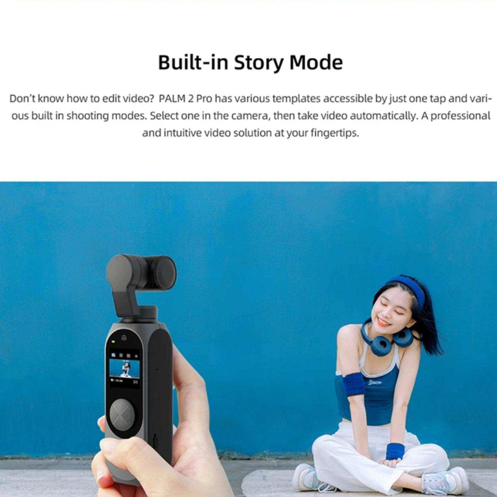 Hand holding FIMI Palm 2 Pro 3-axis gimbal pocket camera with woman posing against blue wall, TUTT