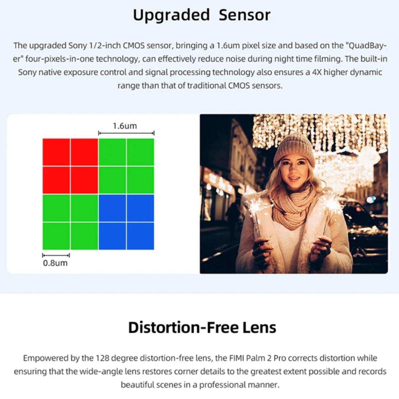 FIMI Palm 2 Pro sensor diagram and woman with sparklers at night, camera features TUTT