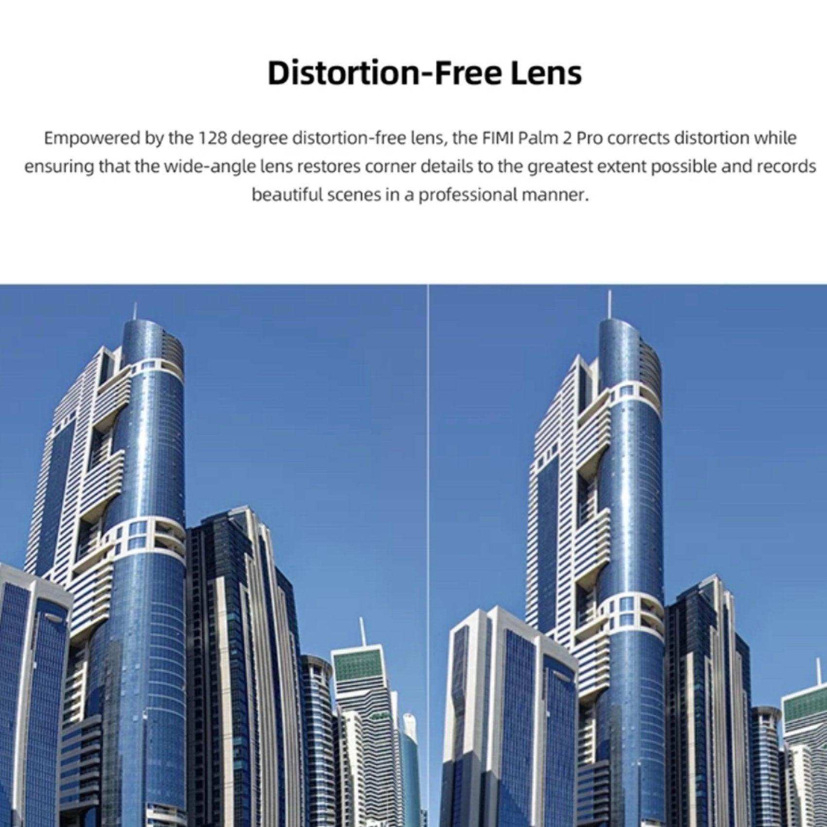 Comparison of city skyscrapers showing distortion-free lens effect from FIMI Palm 2 Pro camera, TUTT