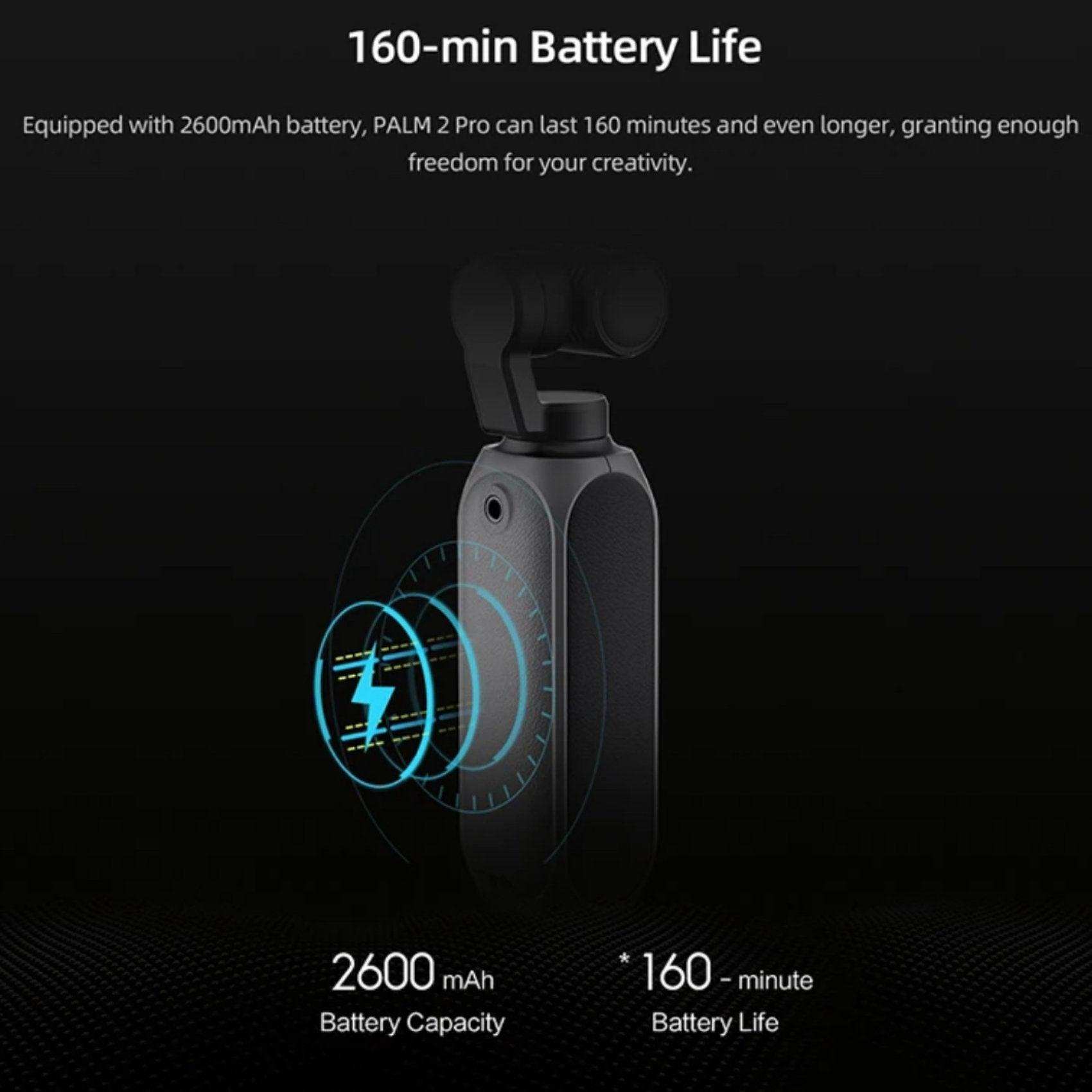 FIMI Palm 2 Pro 3-axis handheld gimbal camera with 160-min battery life and specs overlay, TUTT