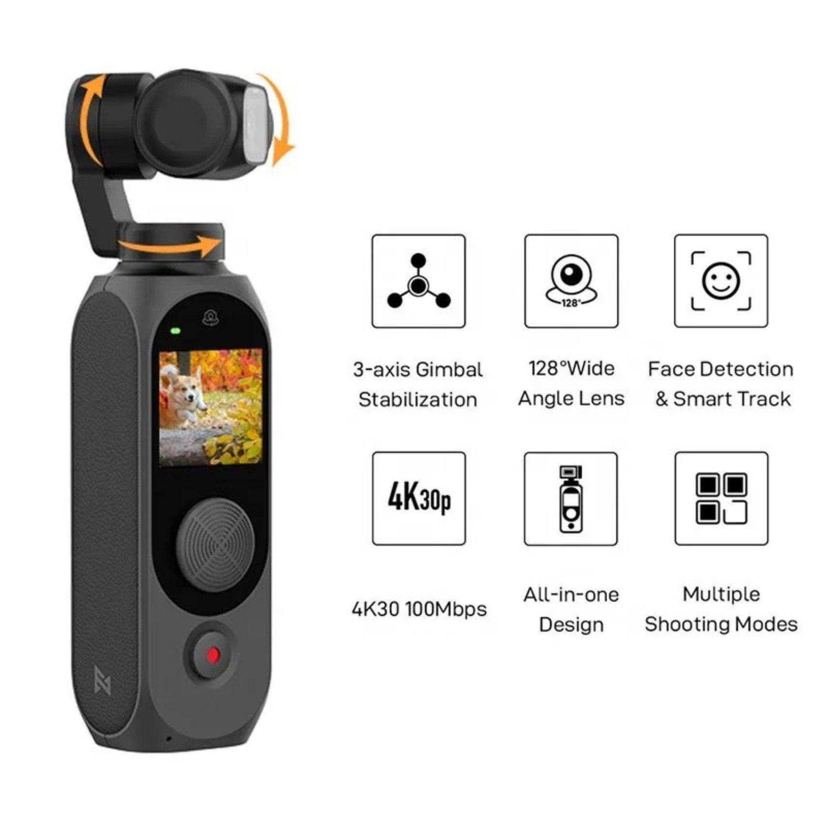 Fimi Palm 2 Pro 3-axis handheld gimbal camera with screen, feature icons, and 4K video specs, TUTT