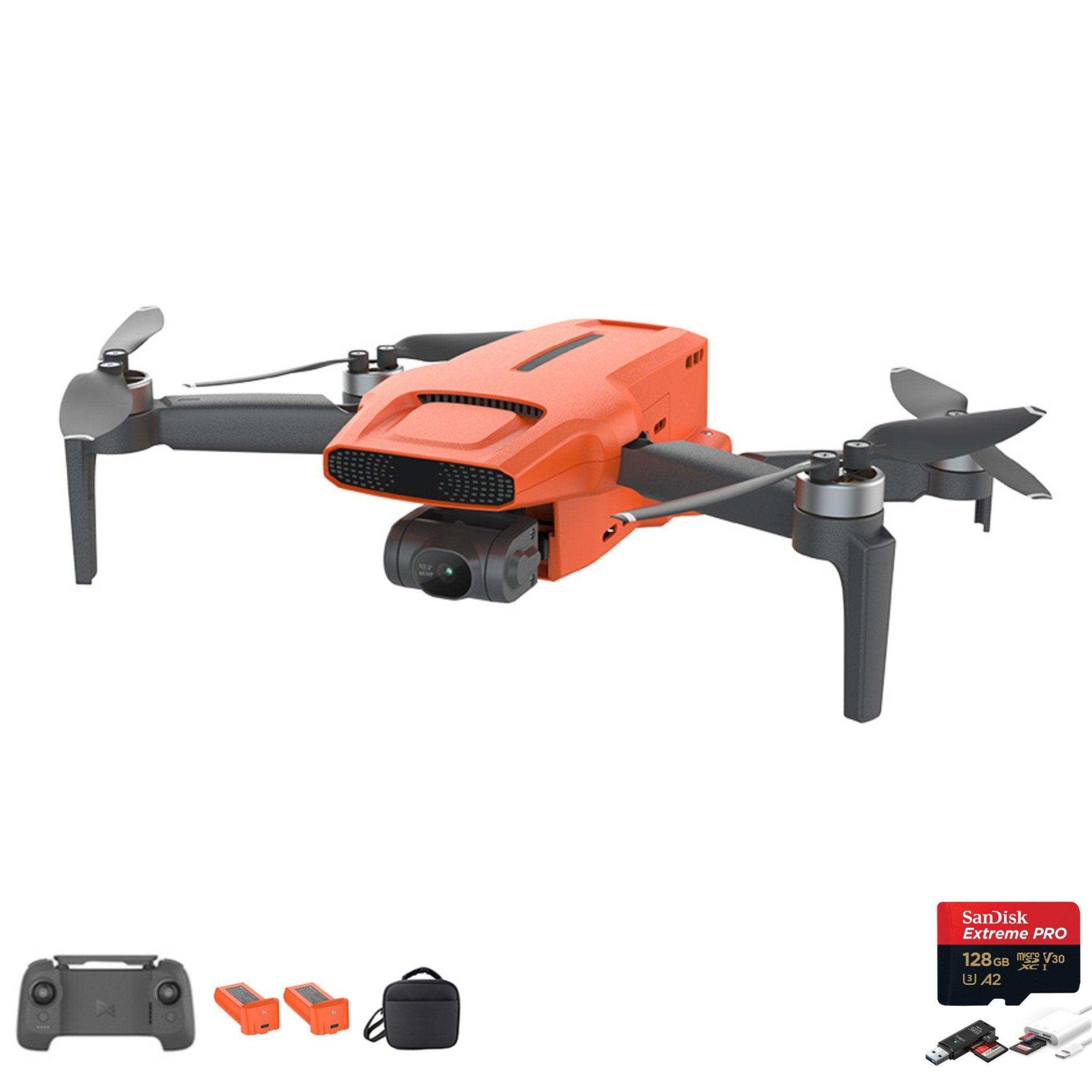 Orange Fimi X8 Mini 3 professional GPS drone with camera, remote, two batteries, carry case, and SanDisk Extreme Pro 128GB microSD card. TUTT