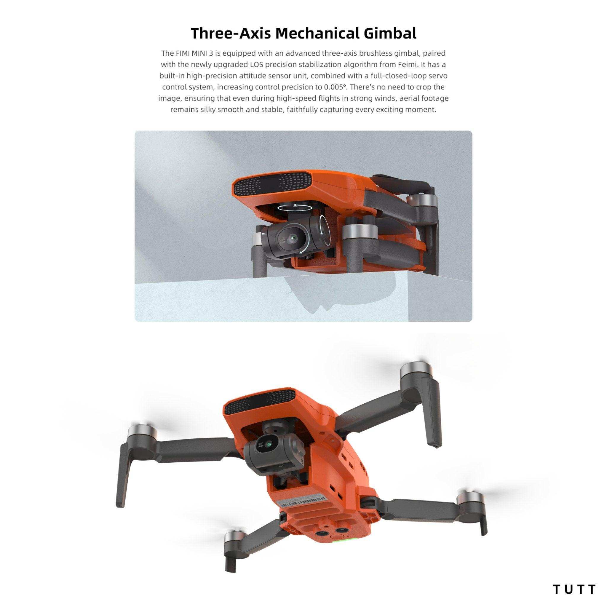 FIMI X8 Mini 3 orange GPS drone with 3-axis mechanical gimbal and 4K camera in flight. TUTT