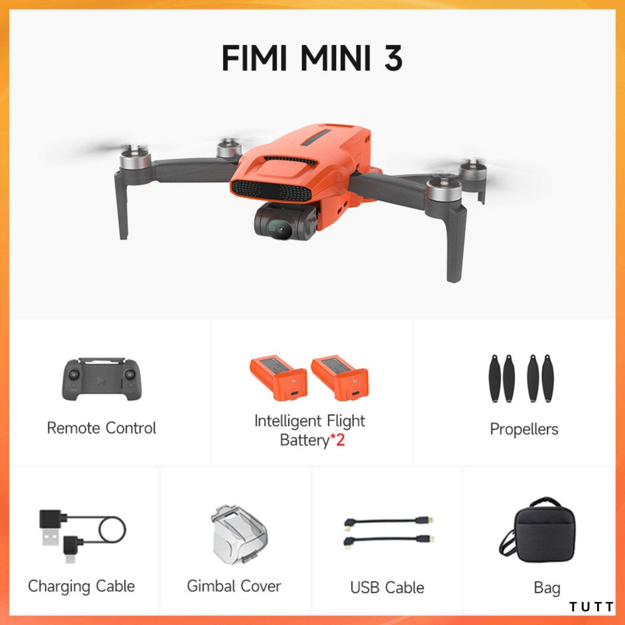 FIMI MINI 3 orange drone kit with camera, remote, two batteries, propellers, and accessories TUTT