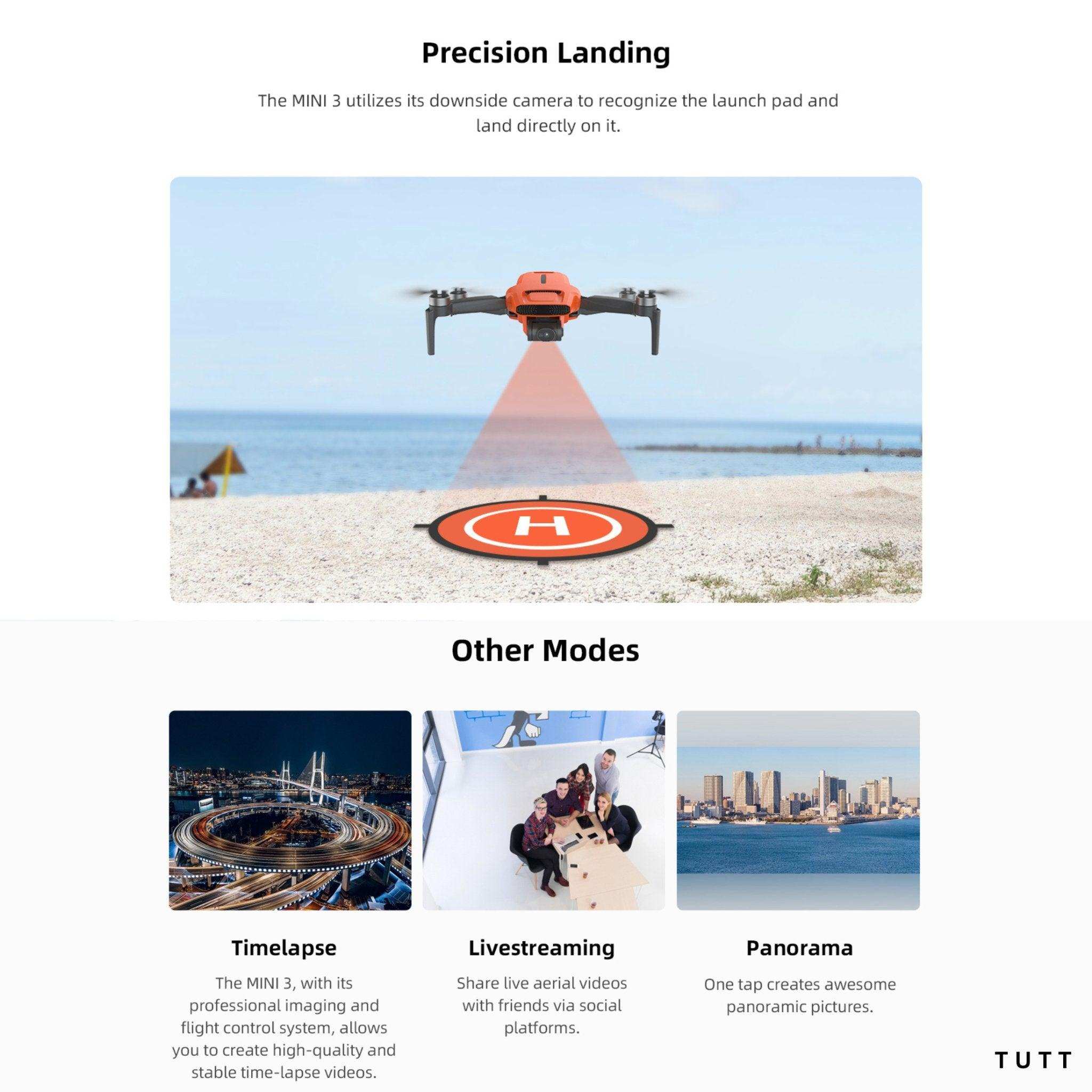 Red mini drone hovering above landing pad on beach, with features like timelapse, livestreaming, and panorama. TUTT