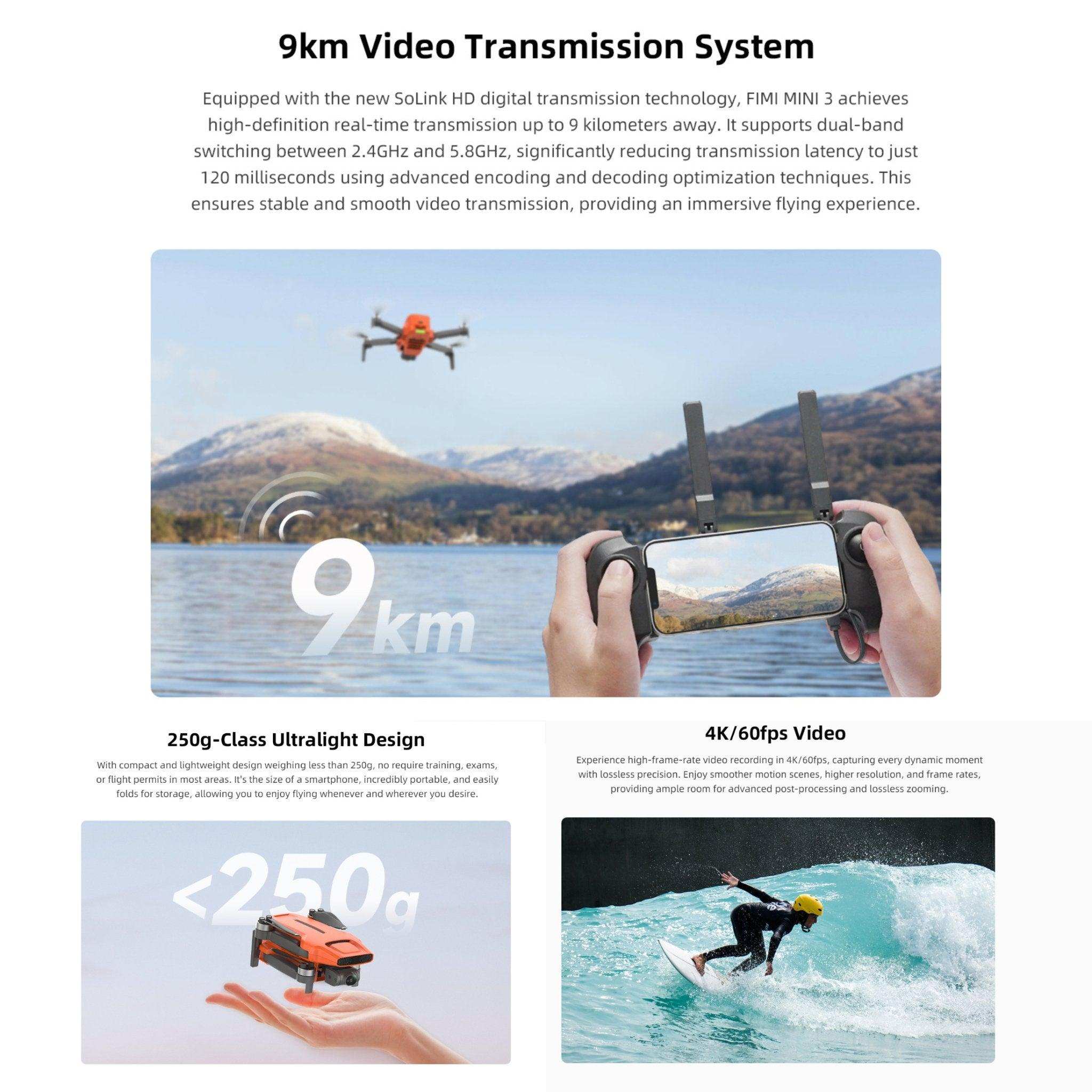 FIMI X8 Mini 3 drone flying outdoors, controller in hand, with 9km FPV 4K camera and ultralight design. TUTT