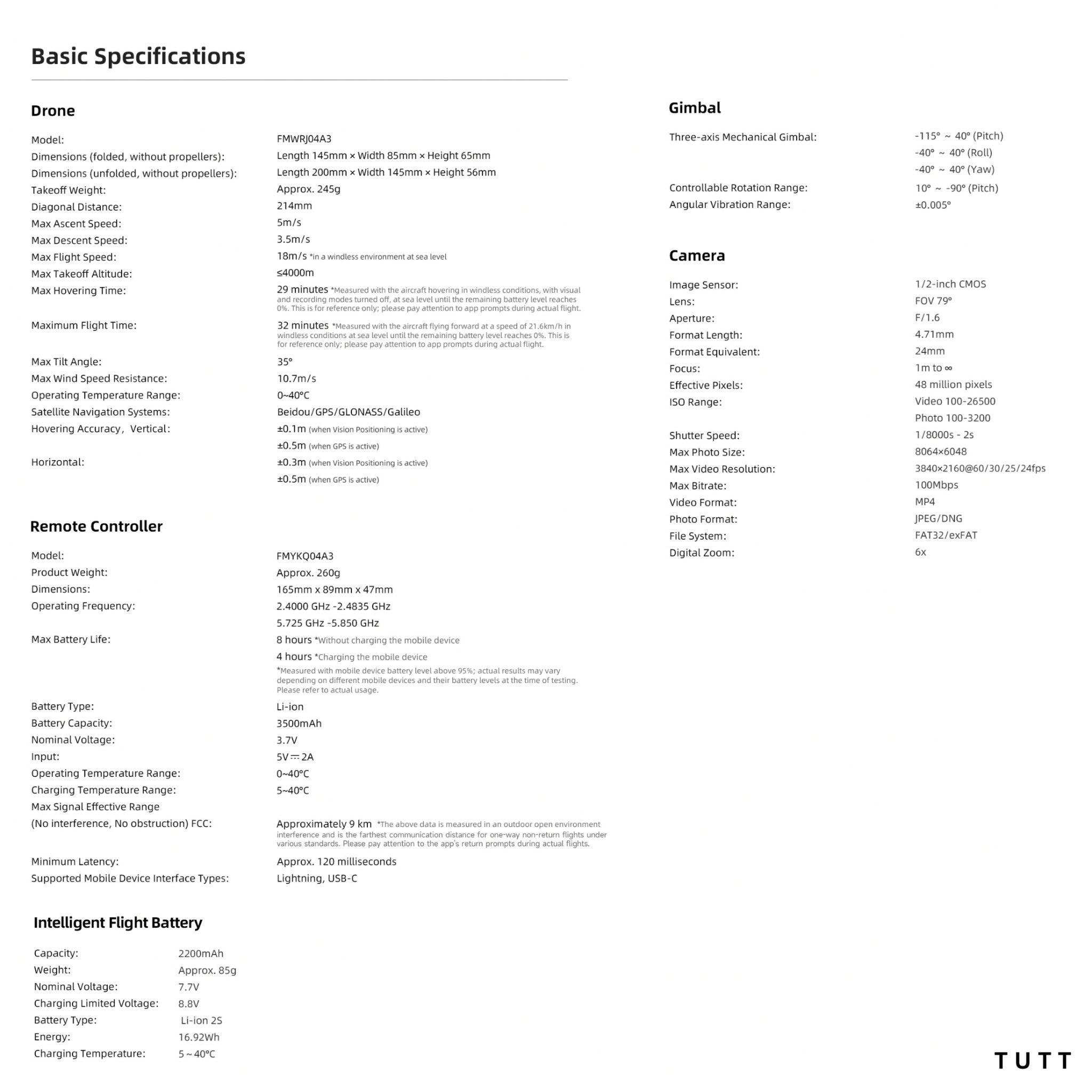 FIMI X8 Mini 3 drone basic specifications sheet detailing camera, gimbal, battery, and controller features. TUTT